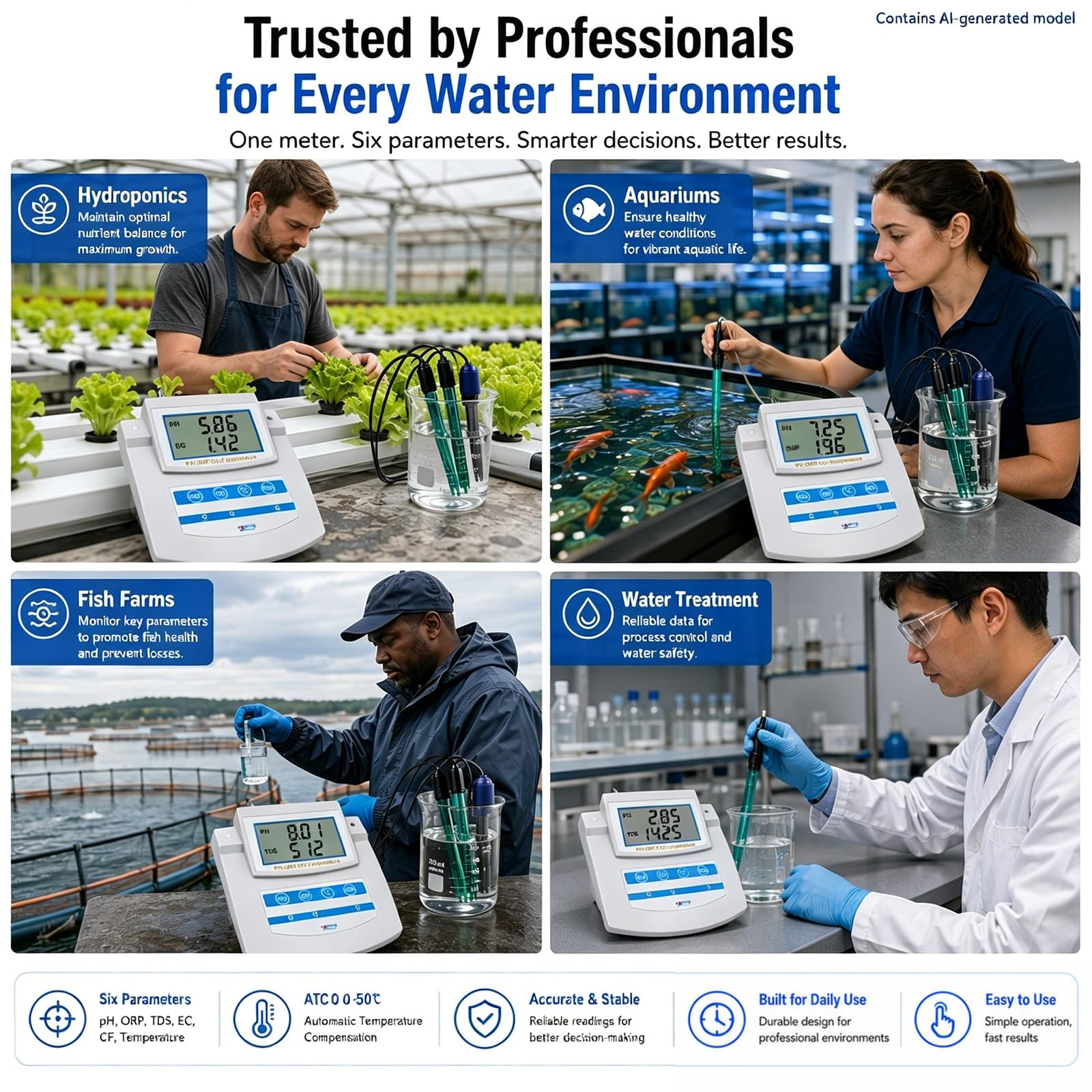 Probador de Calidad del Agua de sobremesa 6 en 1 Acuicultura hidropónica – Medidor multiparámetro Comercial pH TDS EC CF ORP Temp con ATC for gestión de nutrientes en piscifactorías