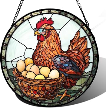 Stained Glass Window Hanging Hen Chicken Egg Large 11.8" - Farmhouse Style Suncatcher Door Garden Home Decor and Christmas Mothers Day Birthday Gift for Grandma Women Mom Wife Farmer