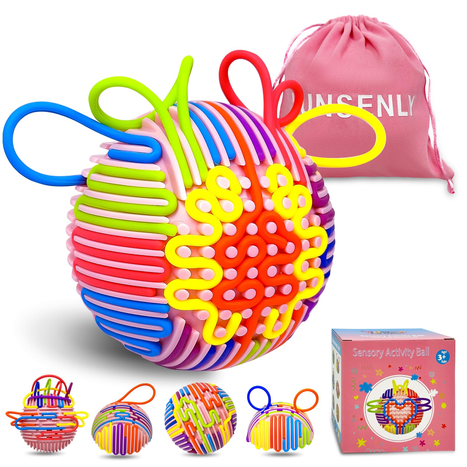 Kids Sensory Fidget Toys Adults Anxiety, 3D Sensory Activity Ball for Autism ADHD Tools with 24 Strings Portable Bag, Toddler Travel Toys Airplane Roadtrip for Boy Girl Birthday Gift(Pink)