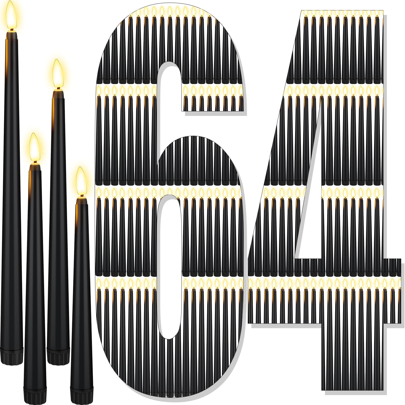 Photo 1 of Rossesay 64 Pcs Wedding Flameless LED Taper Candles Battery Operated Candles 4 Sizes of 8.5'', 9.65'', 10.83'', 12.8'' Candlesticks Flickering for Halloween Christmas Church Wedding(Black)