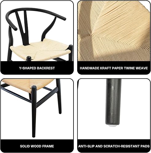 Miniatura 6 de XINNAN Wishbone Silla de comedor con respaldo en forma de Y de madera maciza moderna de mediados de siglo (2 juegos, negro mate)