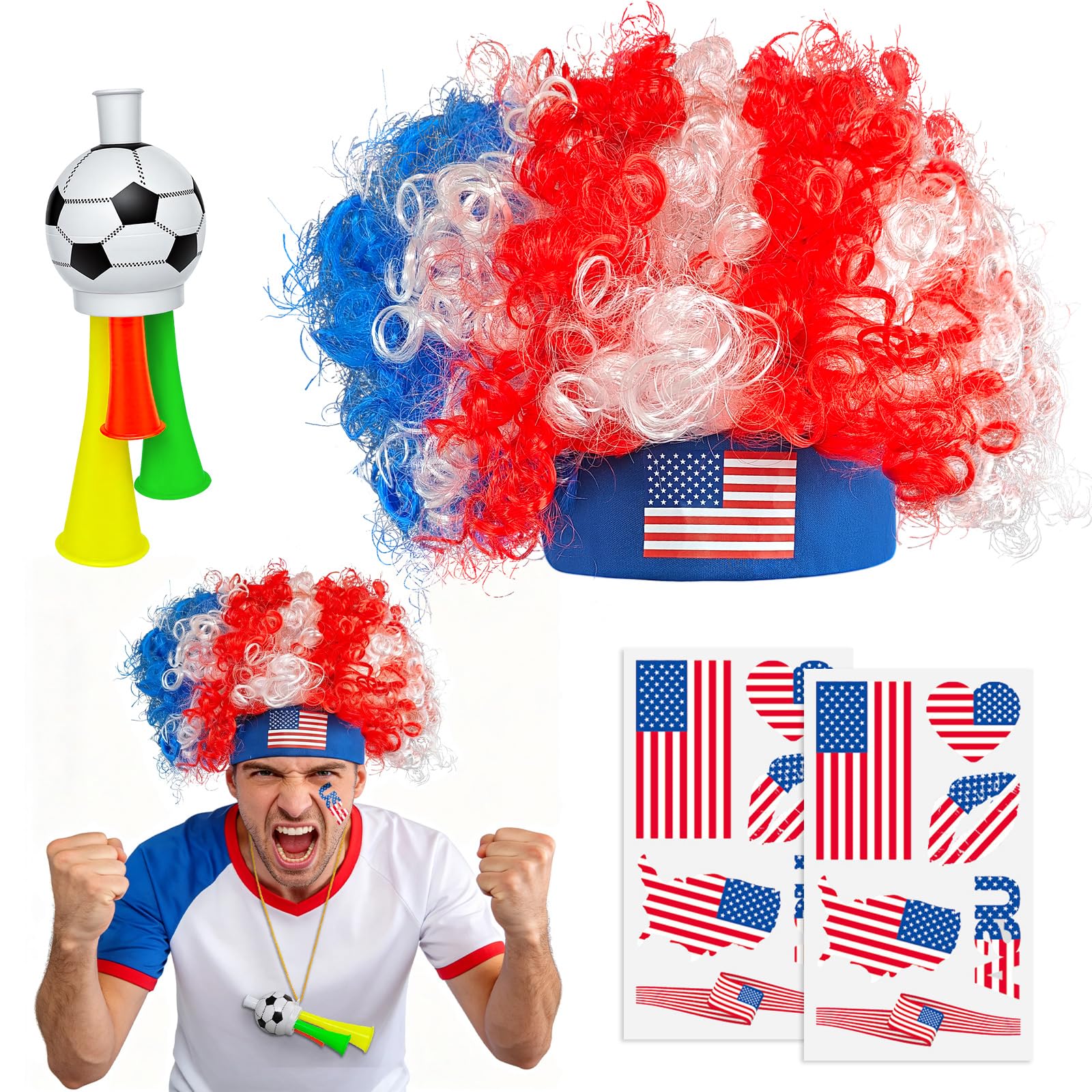 2026 Soccer Fan Gear Set – France Flag Clown Wig, Temporary Tattoos & Loud Horn – Cheer Accessories for International Football Matches, Stadium Parties & Global Tournament Celebrations — view 9
