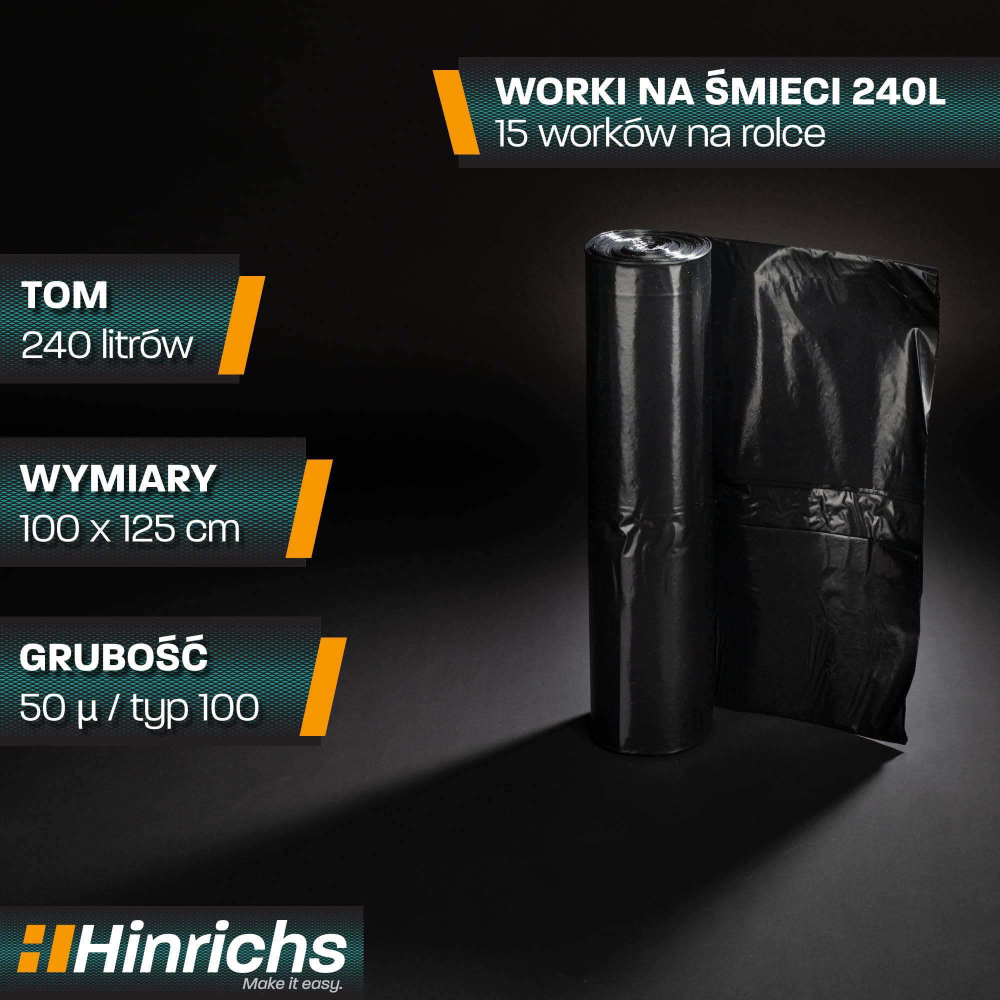 Hinrichs Worki na śmieci 240 l, extra mocne – rolka 15 sztuk – 100 x 125 cm – wyjątkowo odporne na rozdarcia – recyklingowanego LDPE – worki czarne