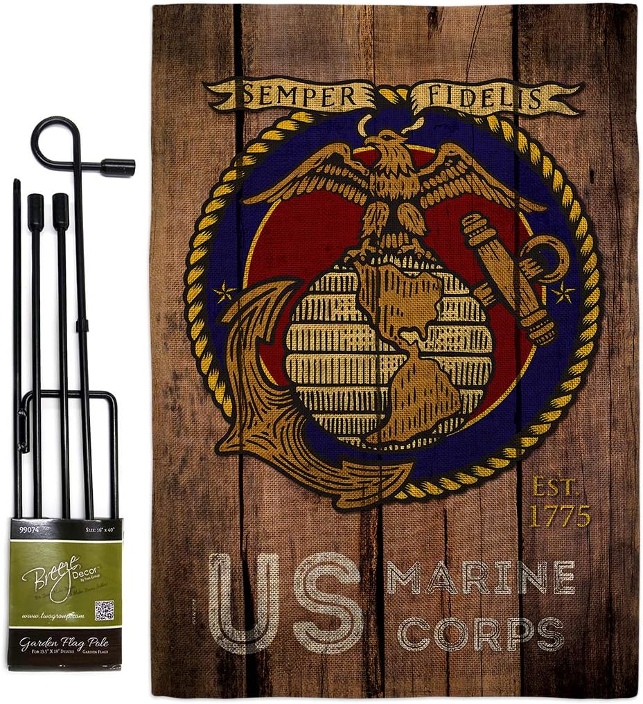 US Marine Corps Burlap Garden Flag Set with Stand Armed Forces USMC Semper Fi United State American Military Veteran Retire Official Small Gift Yard House Banner Double-Sided Made In USA 13 X 18.5