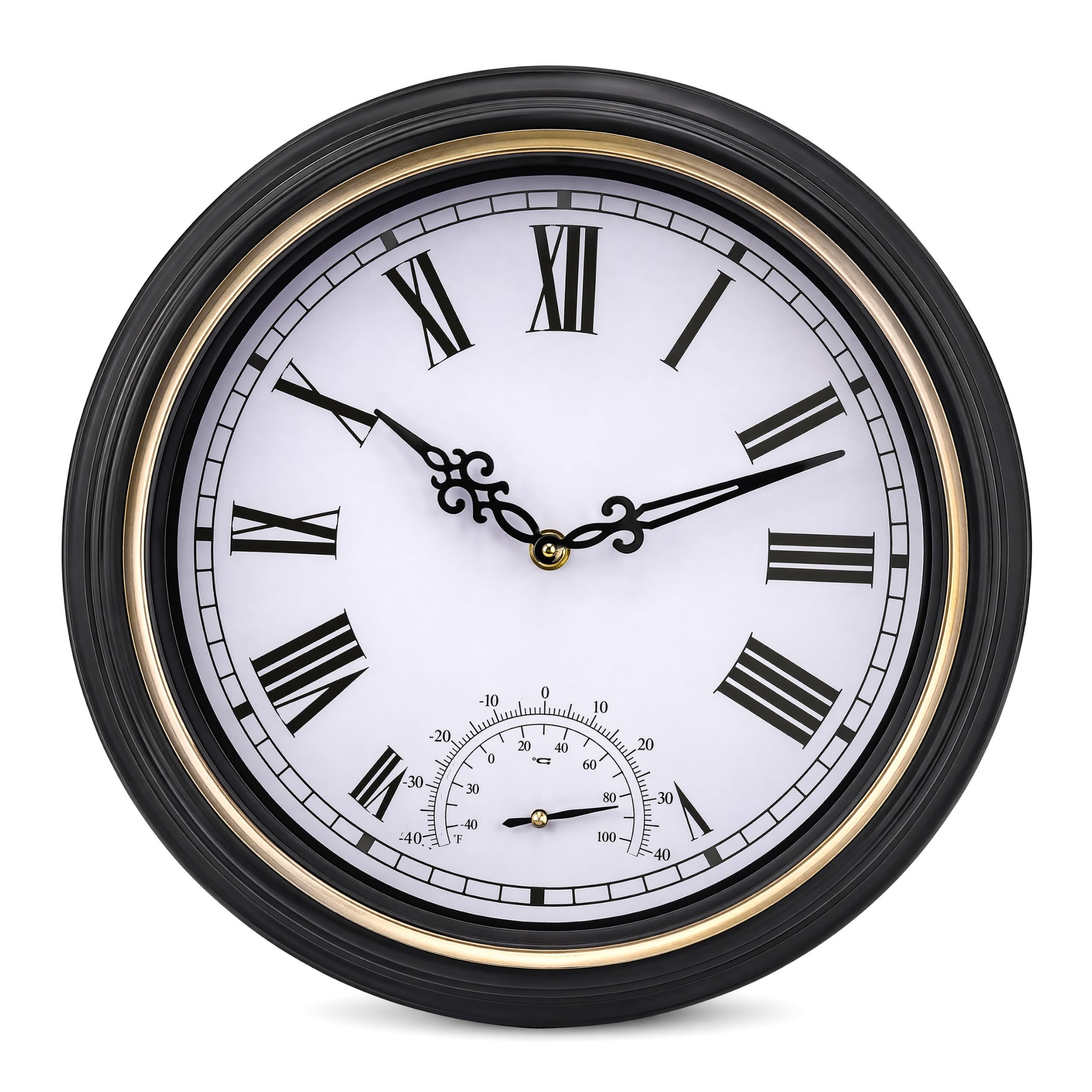 Taodyans Gartendeko für Draußen Wetterfest groß, 30 cm wasserdichte Gartenuhr mit Thermometer zum Aufhängen an Terrasse, Pool, Veranda, Badezimmer –Ticken (schwarzes Gold)