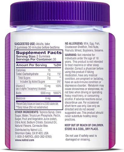 Miniatura 10 de Natrol Sleep Beauty - Gomitas de melatonina biotina y vitamina E 100 libres de drogas sabor a frambuesa para dormir 60 unidades