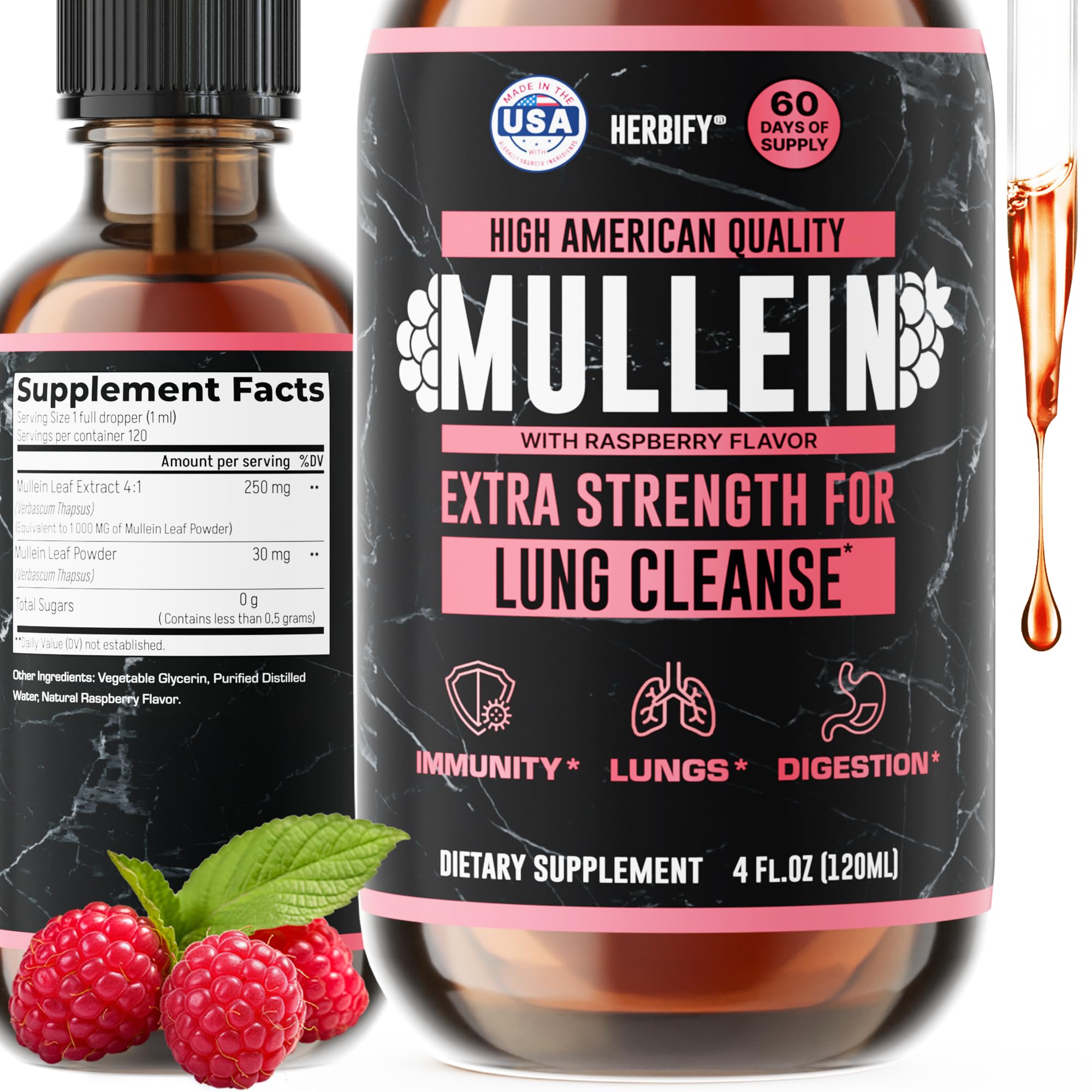 HERBIFY Mullein Drops - Lung Cleanse - Leaf Extract - Powerful Mullein for Immune Support, Detox &amp; Respiratory Support - Made in USA - 4 Oz Raspberry Flavor