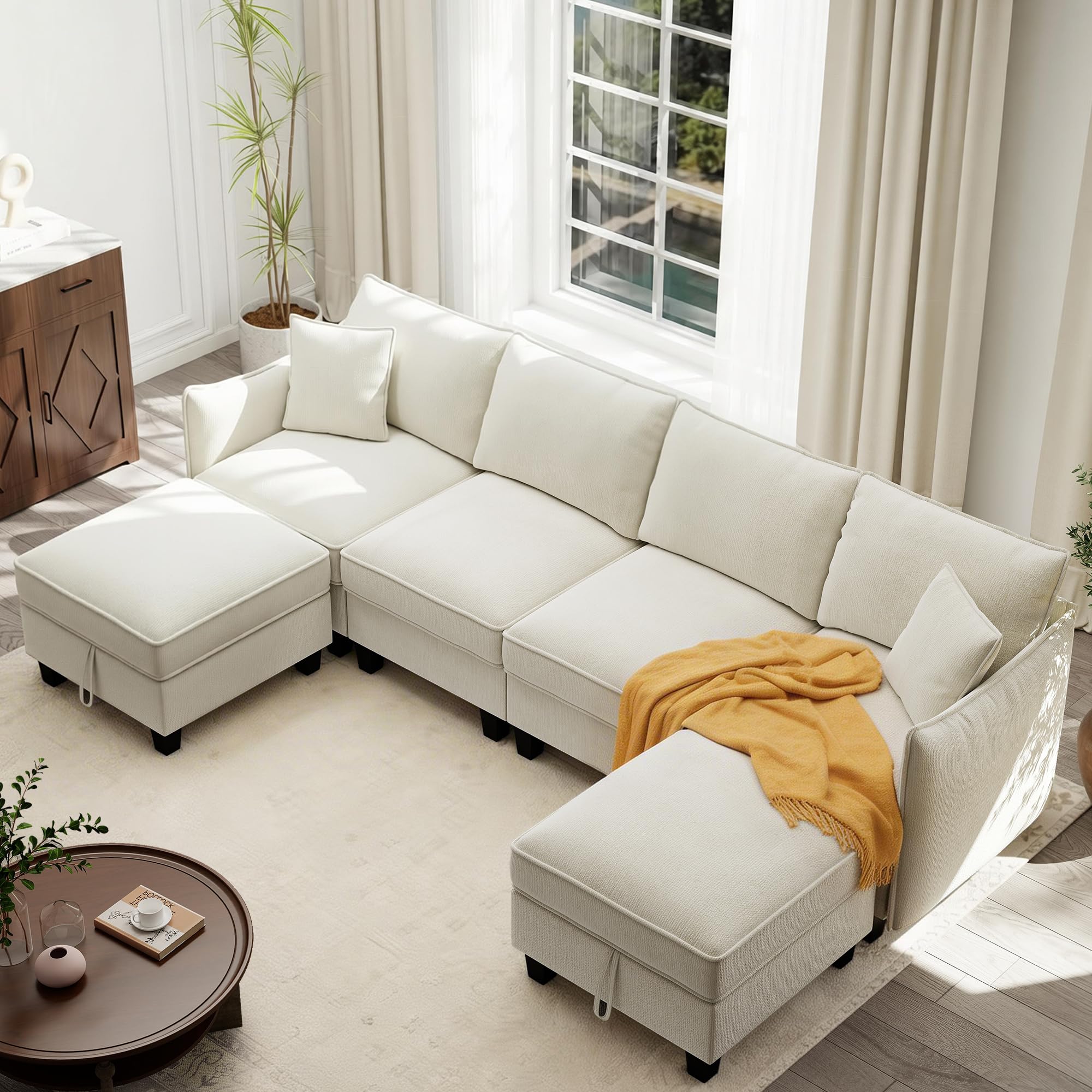 (incomplete )112" modular u-shaped sectional sofa, modern 6-seat cloud couch with 2 storage ottomans, comfy chenille convertible furniture set for living room, apartment, easy assembly, beige