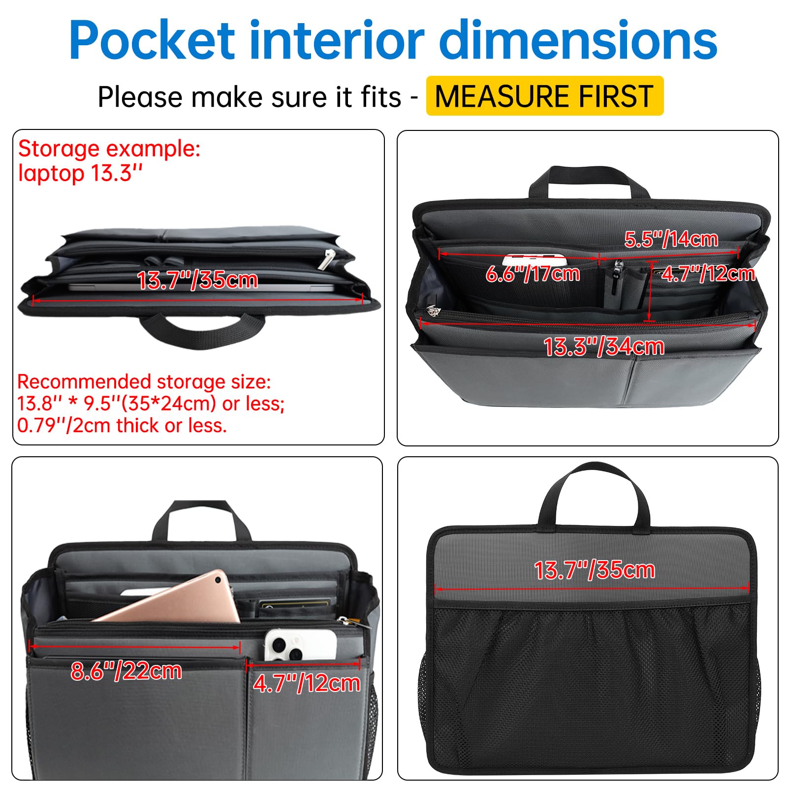 Großer, robuster Organizer-Einsatz für Aktentasche, Schultertasche, Kuriertasche, 20 Taschen, gepolstert, wasserabweisend, Nylon, Grau