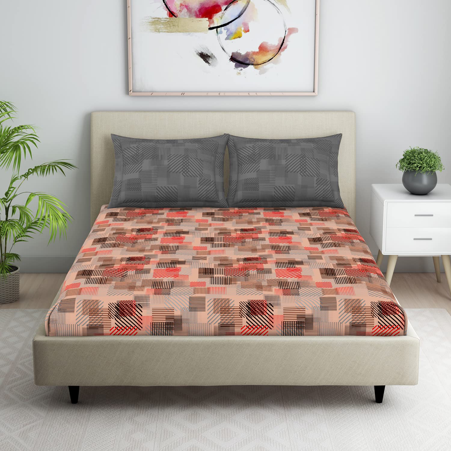 Welspun 100% Cotton Bedsheets Double Skin Safe Breathable Great Value (Geometric 220CMX240CM/43CMX68CM)-RED, (1055767)