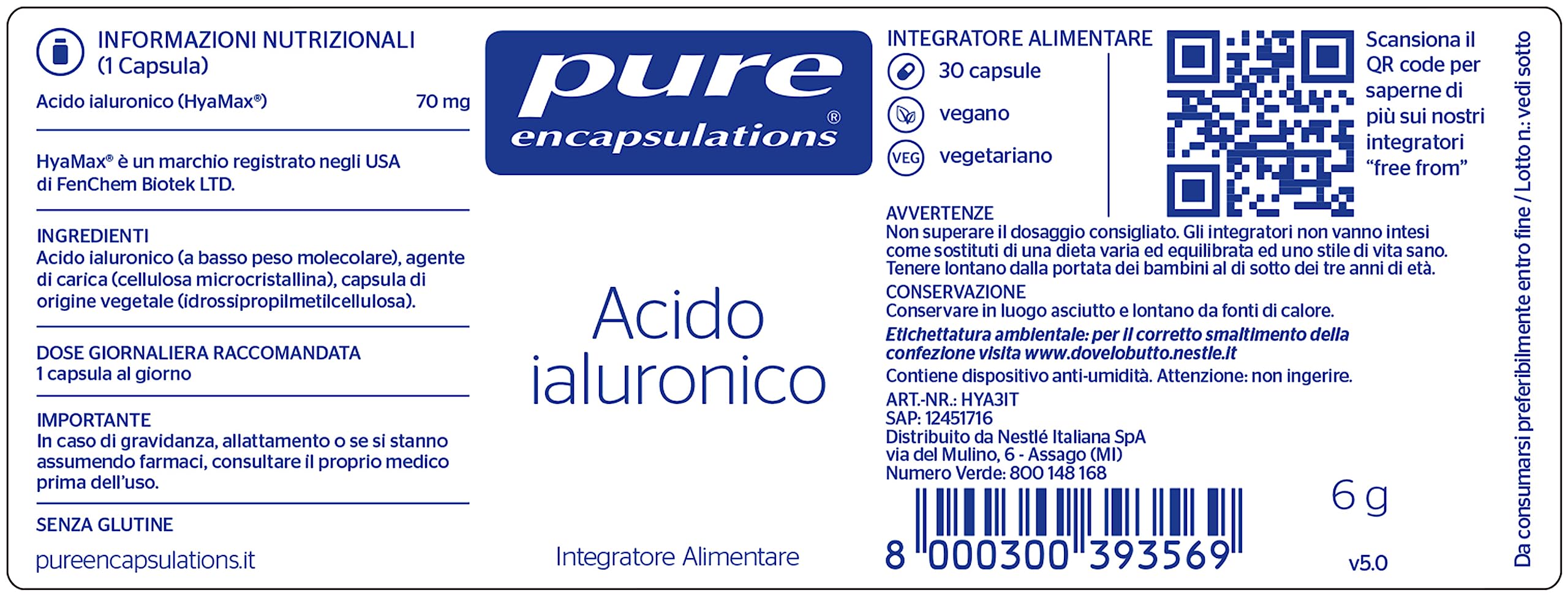 Pure Encapsulations - Acido Ialuronico – Integratore con Acido Ialuronico a Basso Peso Molecolare – Pelle e Articolazioni – 30 Capsule
