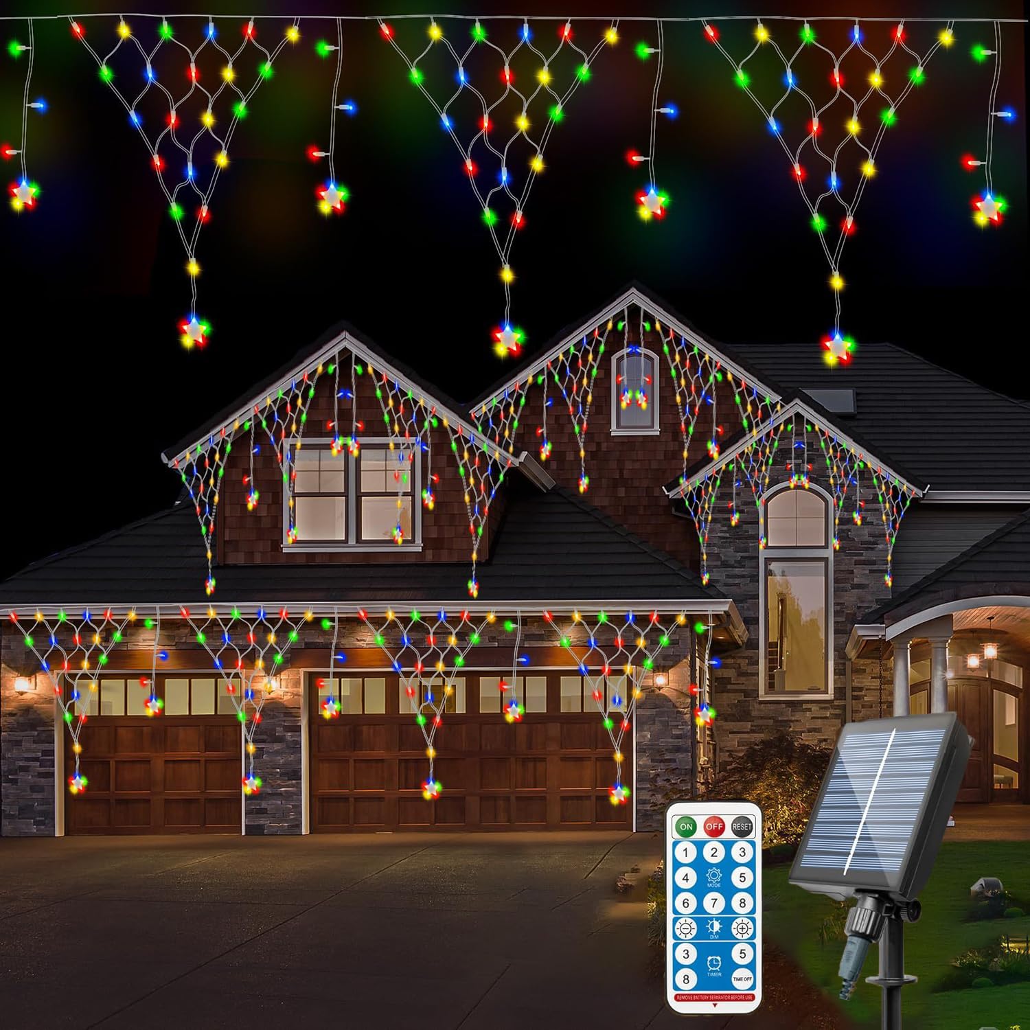 Solar Lichterkette Aussen 4m 196LED Lichternetz Mit Fernbedienung Wasserdicht Hängen Lichtervorhang Dekorations Patio Licht Weihnachten beleuchtung für Garten Terrasse Hochzeit (Mehrfarbig)