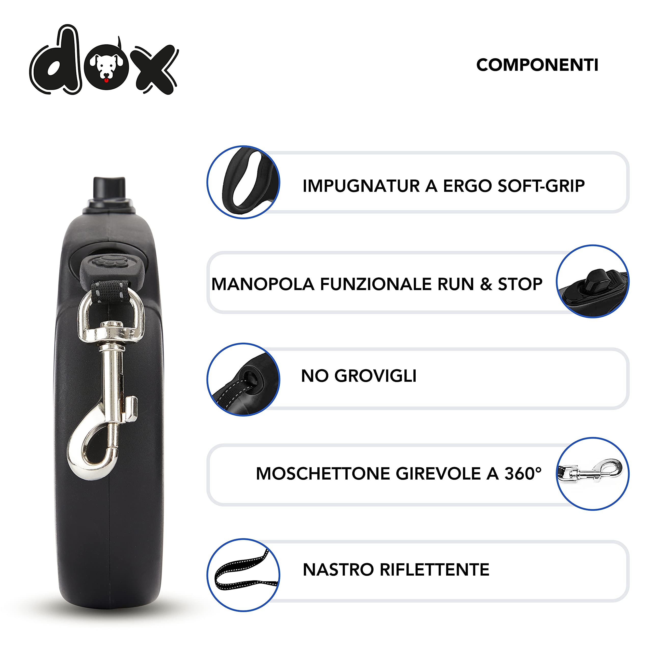 DDOXX Guinzaglio retrattile per cani di piccola e grande taglia | Diversi colori e taglie, XS fino a 8 kg | Per cuccioli di gatto e cani | Retrattile fino a 3 metri | accessori per cani inclusi | Nero