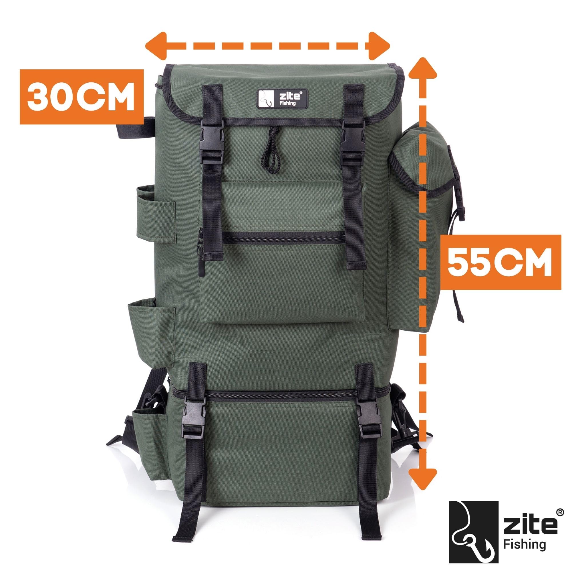Zite Fishing Sac à dos de pêche avec supports de canne à pêche et compartiment isotherme amovible - Sac de pêche 55 x 30 cm - Bretelles rembourrées - Pêche au lancer et pêche en siège, vert, L,