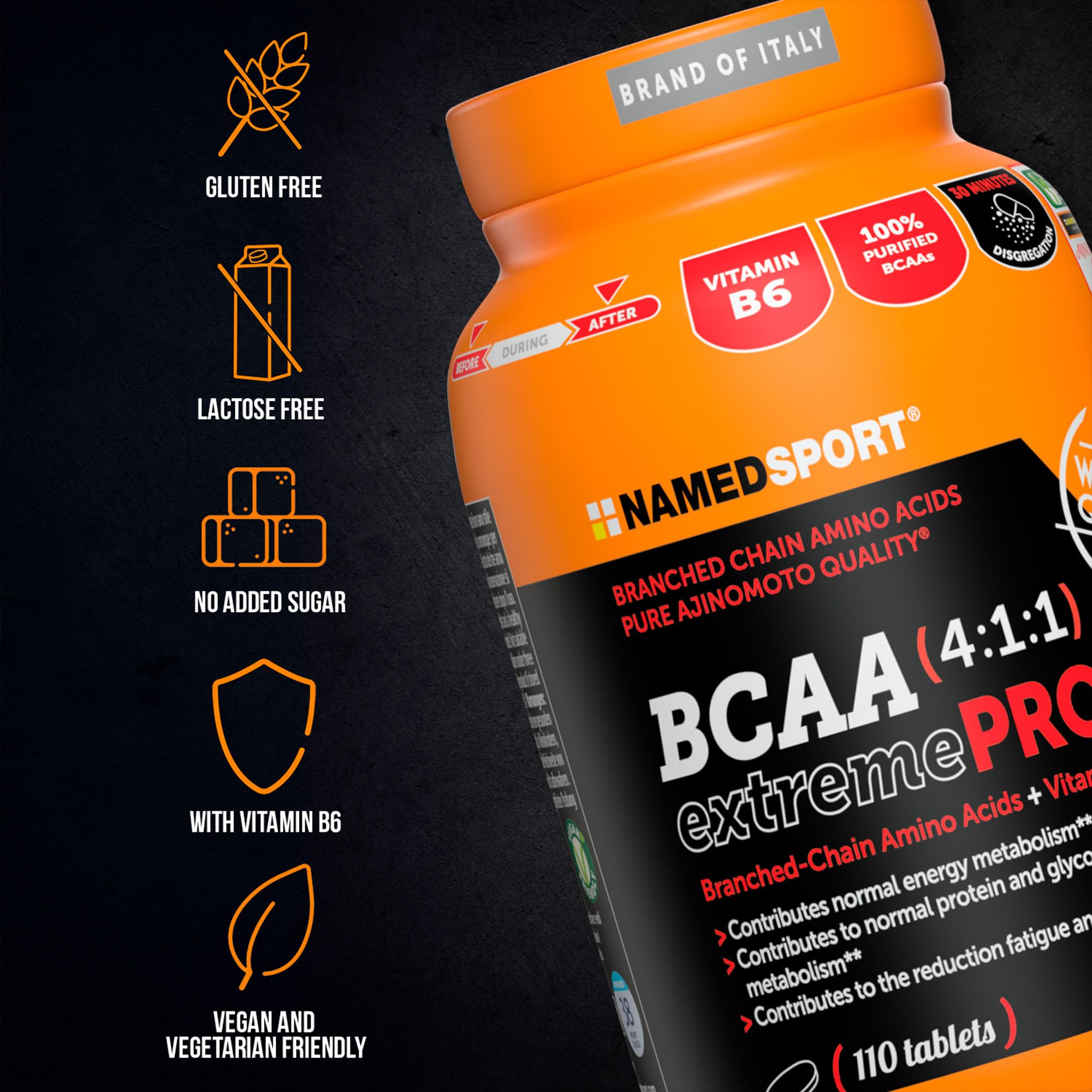 NAMEDSPORT> BCAA 4:1:1 ExtremePro, Supplément à base d’Acides Aminés Ramifiés et de Vitamine B6, contribue à la Synthèse Protéique, Idéal dans les Sports d’Endurance, Brand Of of Italy, 110 Comprimés