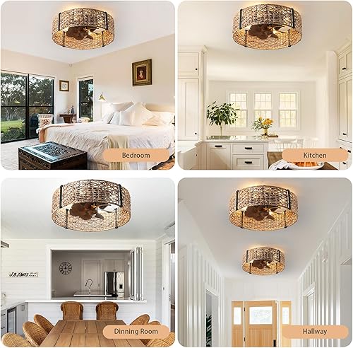Miniatura 8 de Ganeed - Ventilador de techo estilo Boho de 20 pulgadas con luz, ventilador de techo enjaulado de ratán con luz y control remoto, motor reversible