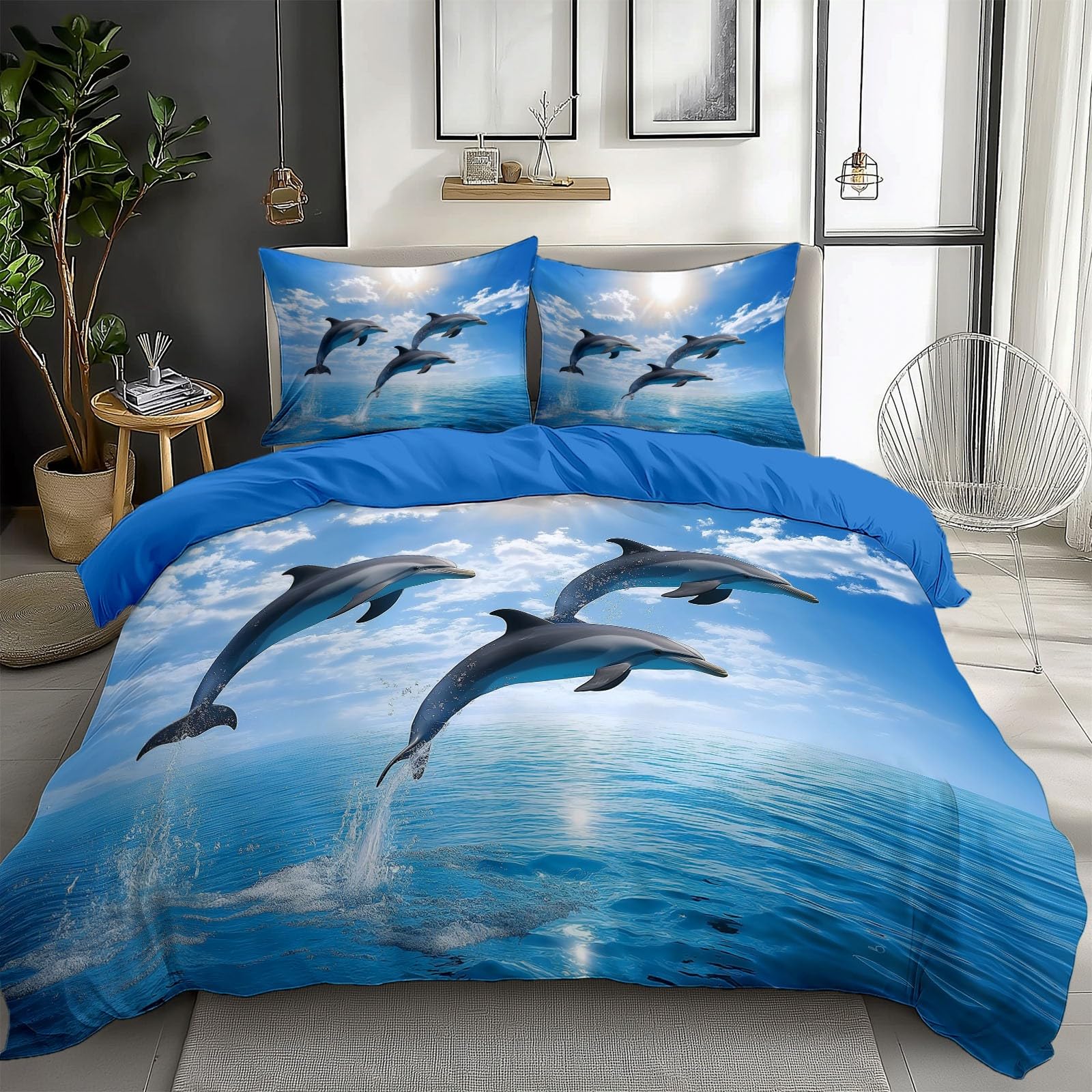 Housse couette polycoton 160x200 dauphin bleu parure de lit 2p