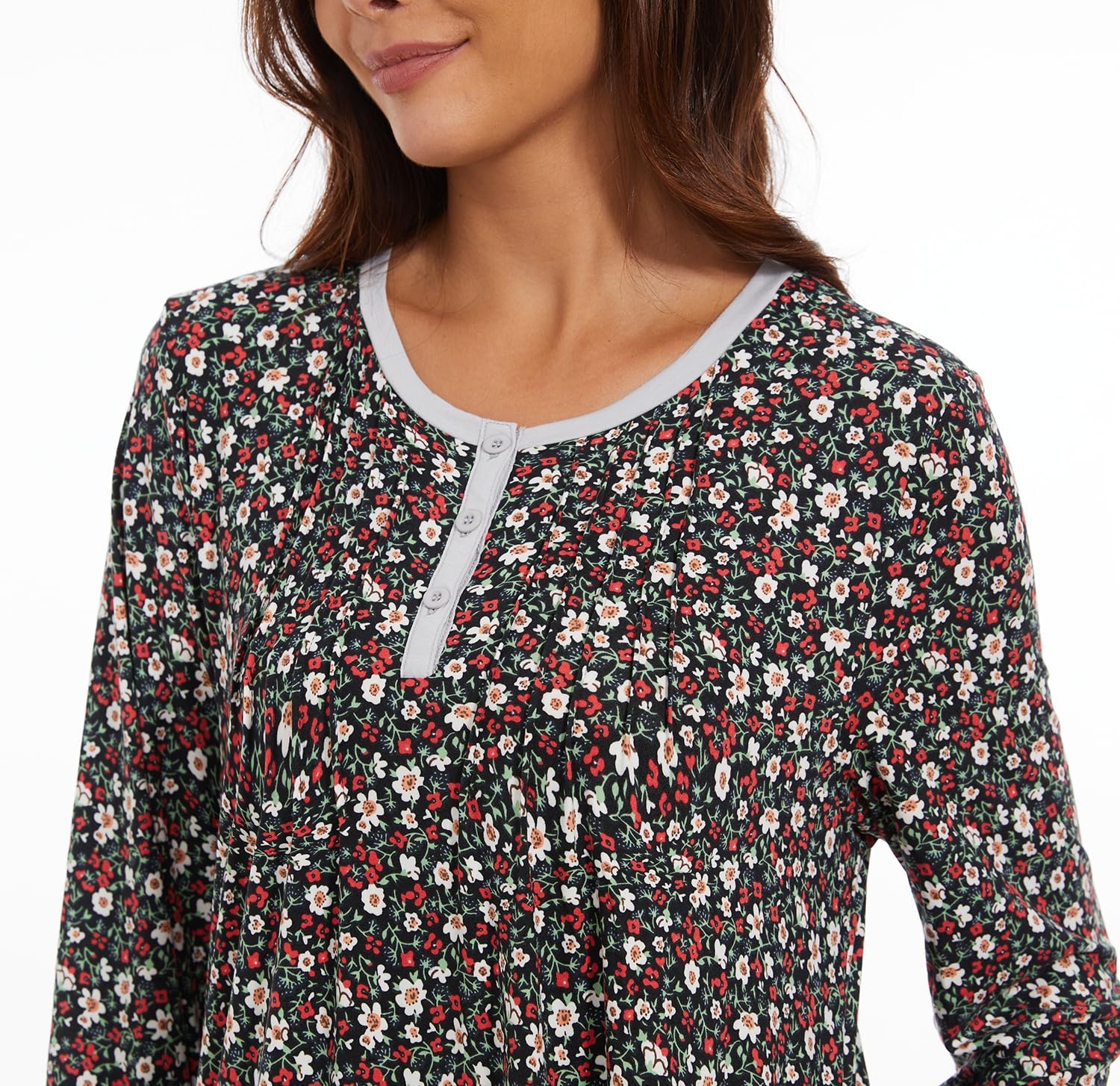 AVIIER Cotton Nightgowns for Women Soft Long Sleeve Night Gown with Pockets - Image 5