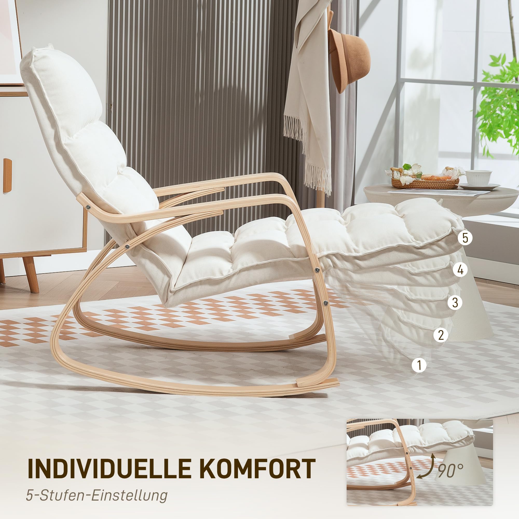 HOMCOM Fotel bujany z oparciem, regulowany podnóżek, fotel, tapicerowany fotel relaksacyjny o wyglądzie lnu, fotel bujany, fotel do czytania, do salonu, sypialni, kremowo-biały