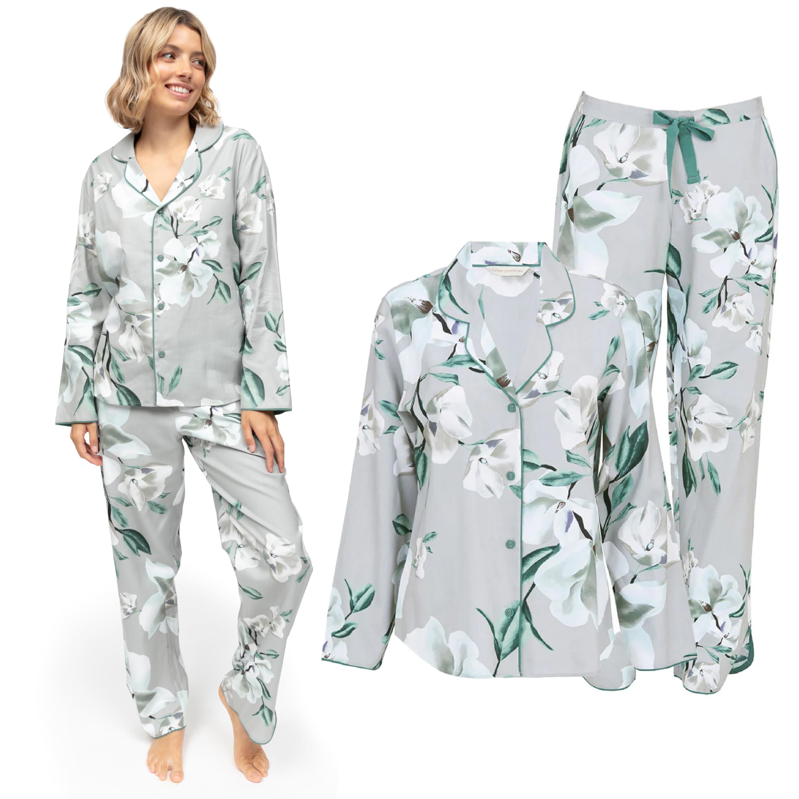 Cyberjammies Kallie Floral Print Long Sleeve Pyjama Set - Grey