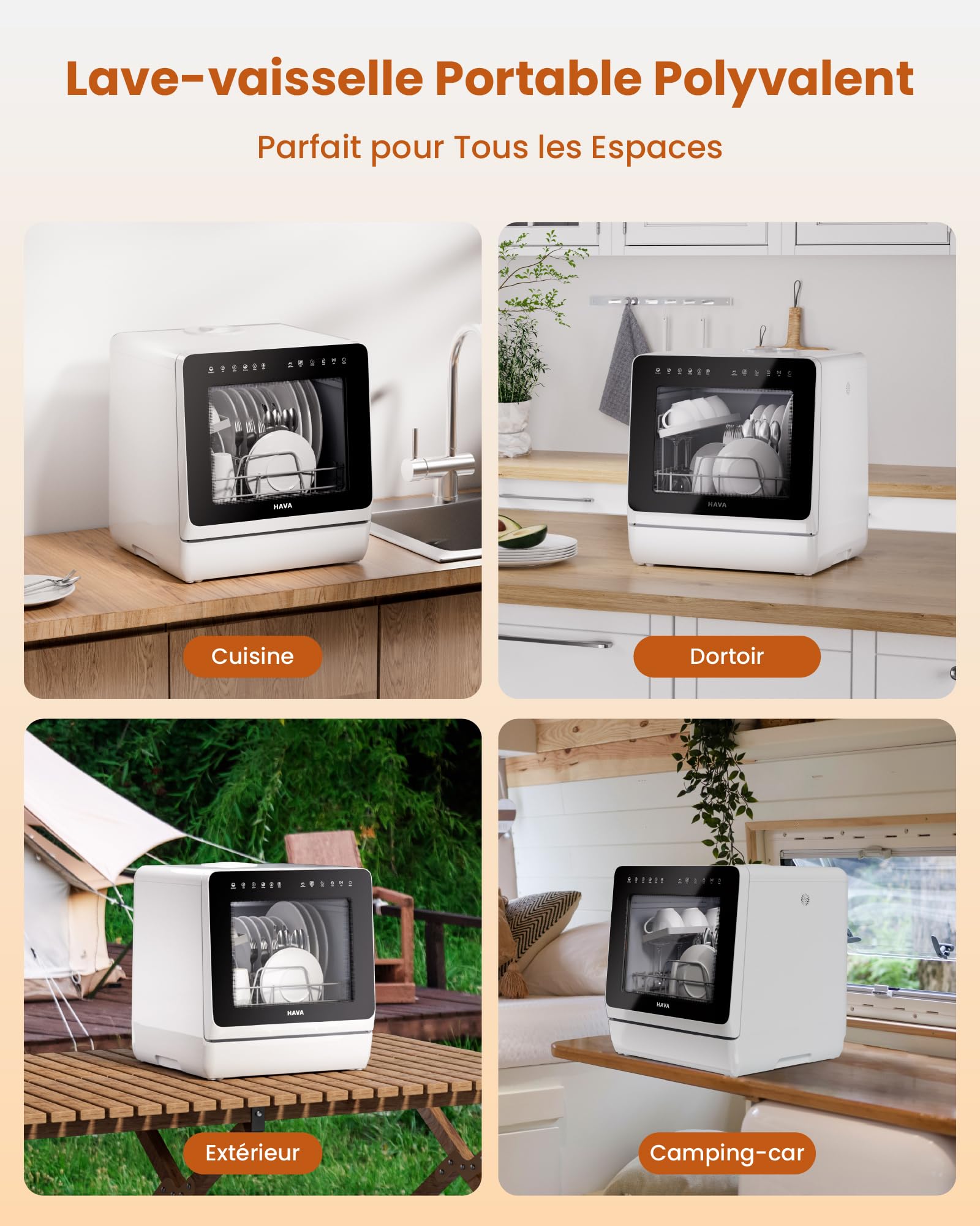 HAVA Lave-vaisselle de comptoir 2025 avec adoucisseur d'eau, 8 programmes, verrouillage enfant, démarrage différé