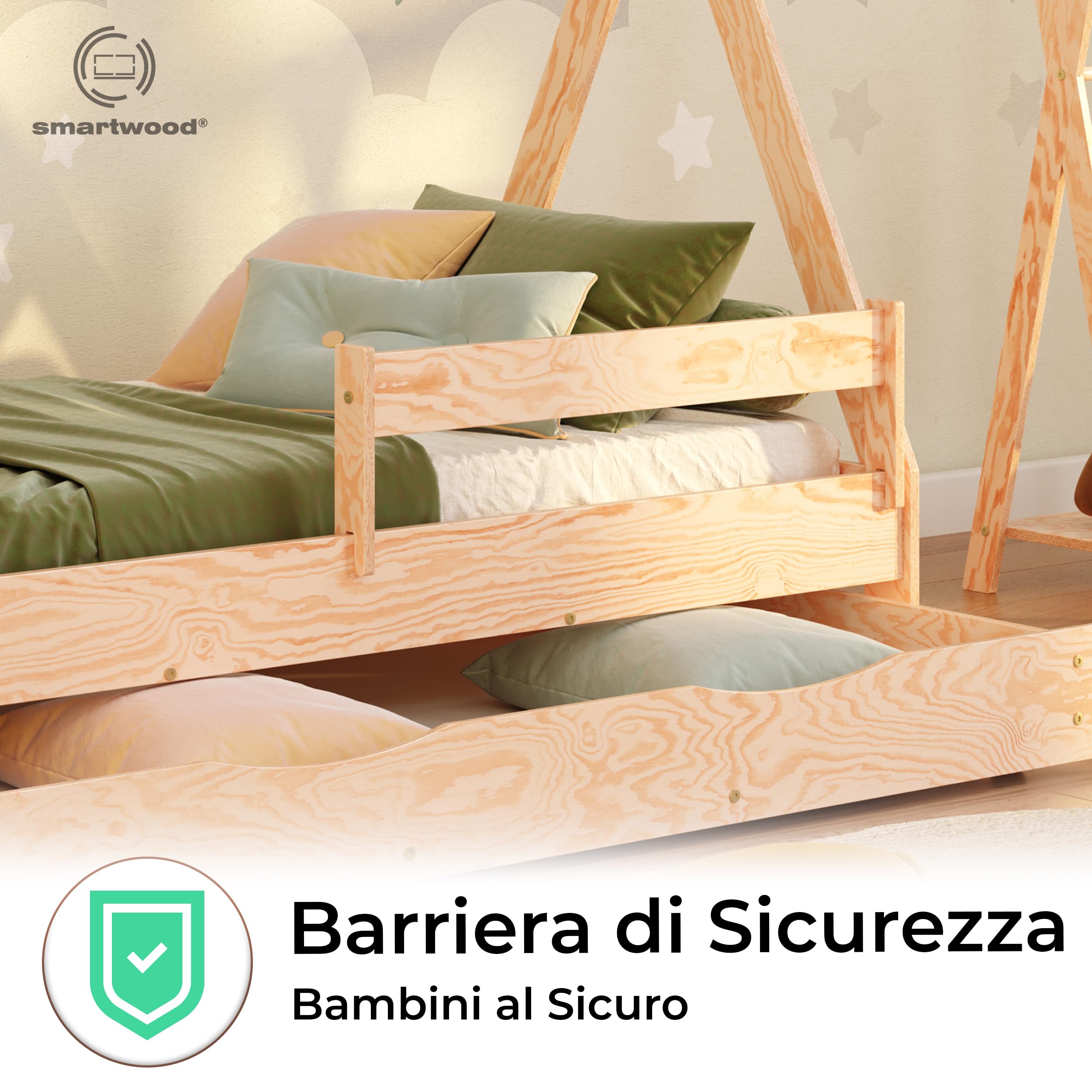 smartwood Letto Casetta Bambini 80x160 cm - Letto Singolo con Cassetto TIPI D in Legno di Pino FSC con Sponda Anticaduta e Reta a Doghe Fino a 230 kg - Per Bambino e Bambina - Montaggio Facile