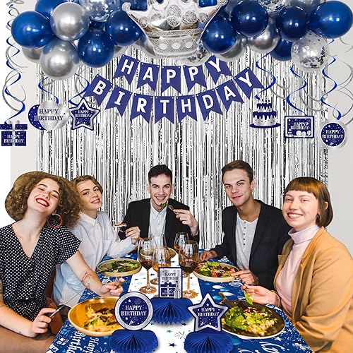 Miniatura 3 de Decoraciones de cumpleaños azules y plateadas para hombres, niños y mujeres, decoraciones de feliz cumpleaños, pancarta, centros de mesa de panal de