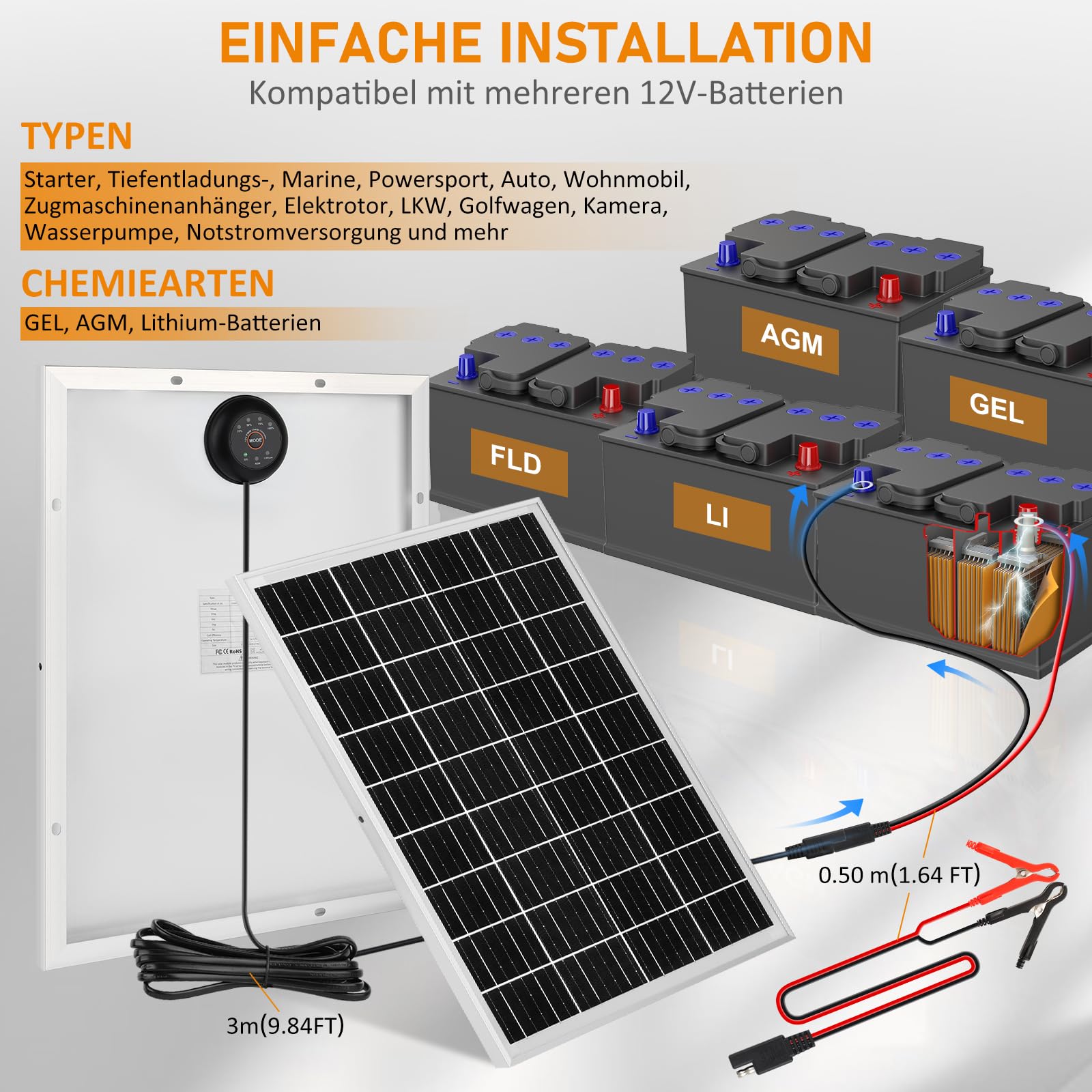 【25W Solar Autobatterie Ladegerät 18V Kit】DERUXI 25 W Solarpanel: Mono Solarmodul 25W Solar Panel mit Eingebautem PWMs Laderegler+2 Paar Solarkabel, PV Solarmodule für 12V GEL, AGM, LiFePO₄-Batterien