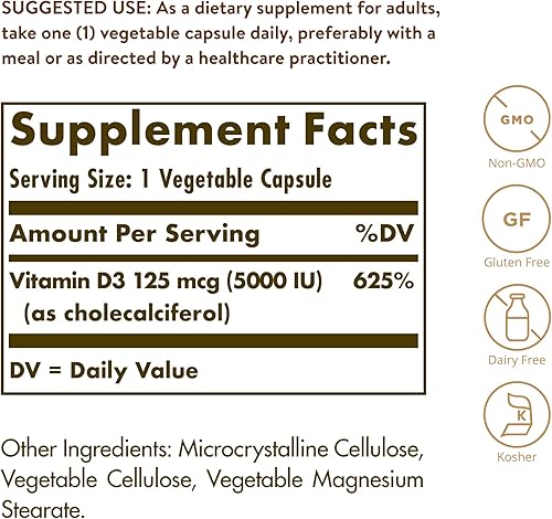 Miniatura 4 de Solgar Vitamina D3 colecalciferol 125 mcg 5000 UI Cápsulas vegetales - 120 unidades