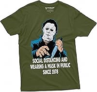 Vista 3 de Camiseta de terror de Halloween con máscara de distanciamiento social y uso de Michael Myers para hombre
