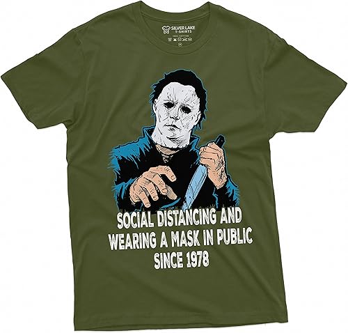 Miniatura 4 de Camiseta de terror de Halloween con máscara de distanciamiento social y uso de Michael Myers para hombre