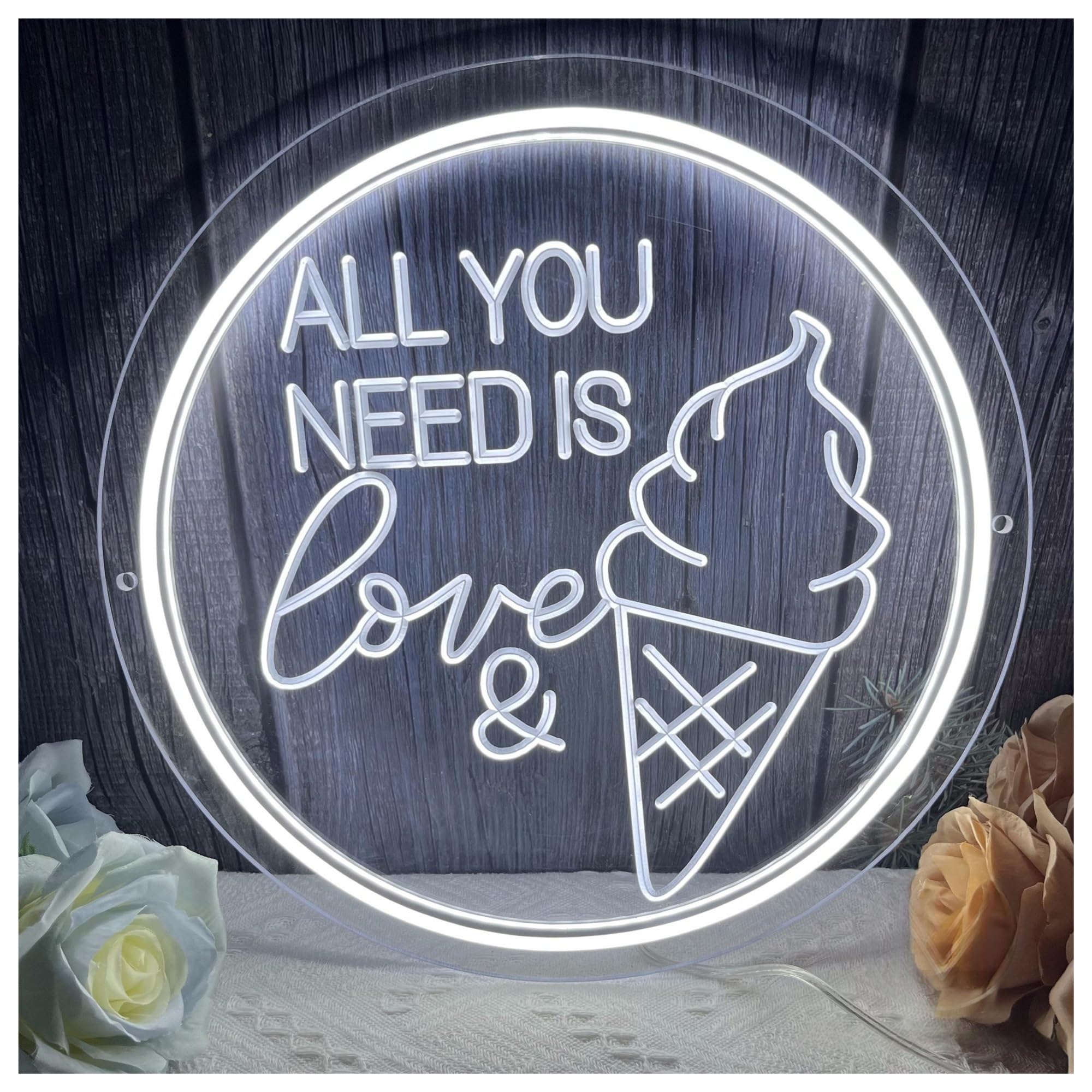 Shouxi One Color Sign Lamp All You Need Is Love And Ice Cream Neon Sign, Usb Light Up, Food Shop Art, Bar Decor 40Cmx40cm