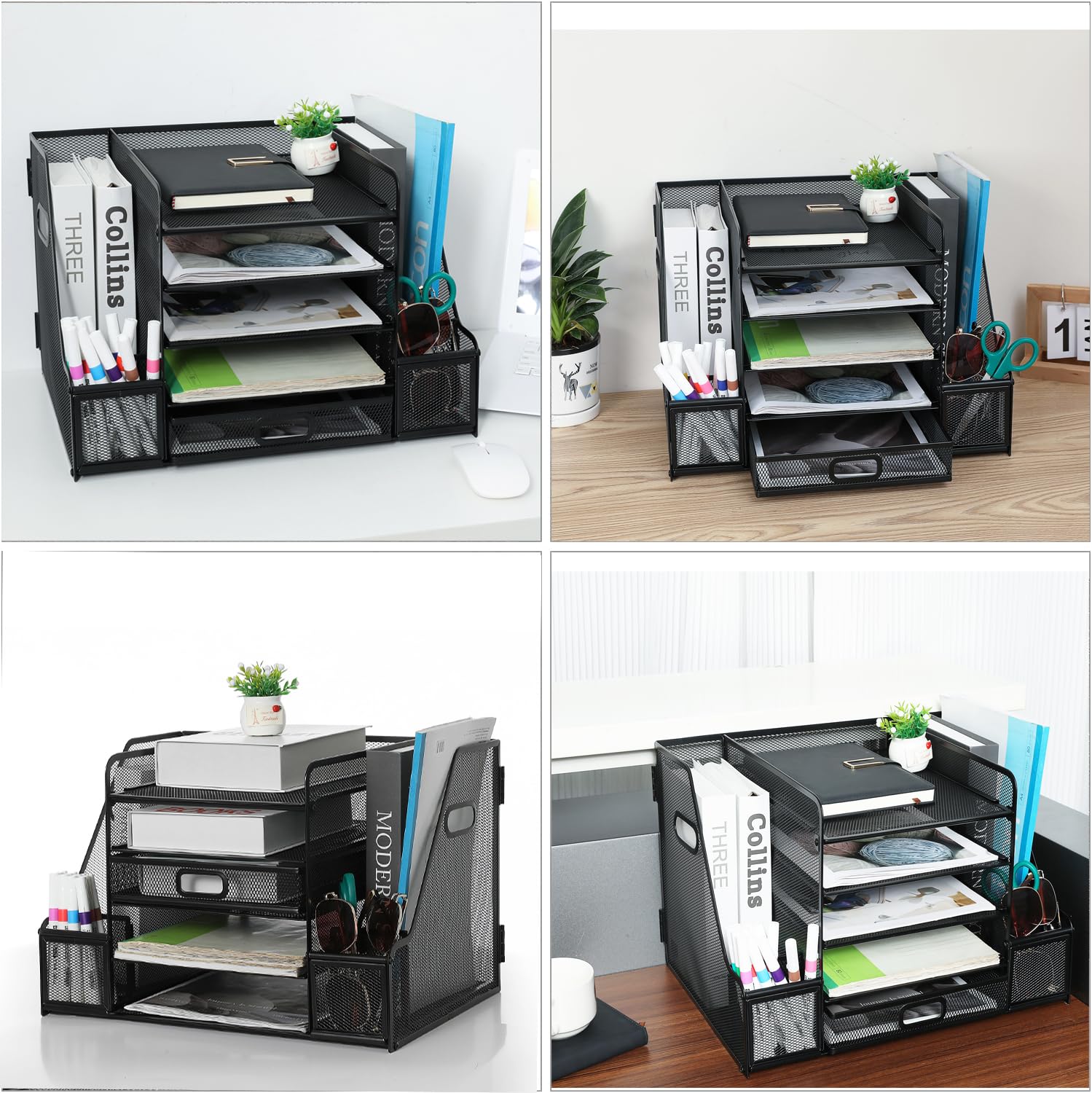 Organizzatore da scrivania a rete con portadocumenti, vassoio portacarte a 5 livelli con cassetto e portariviste, organizer da scrivania e portaoggetti per l'ufficio (Nero)