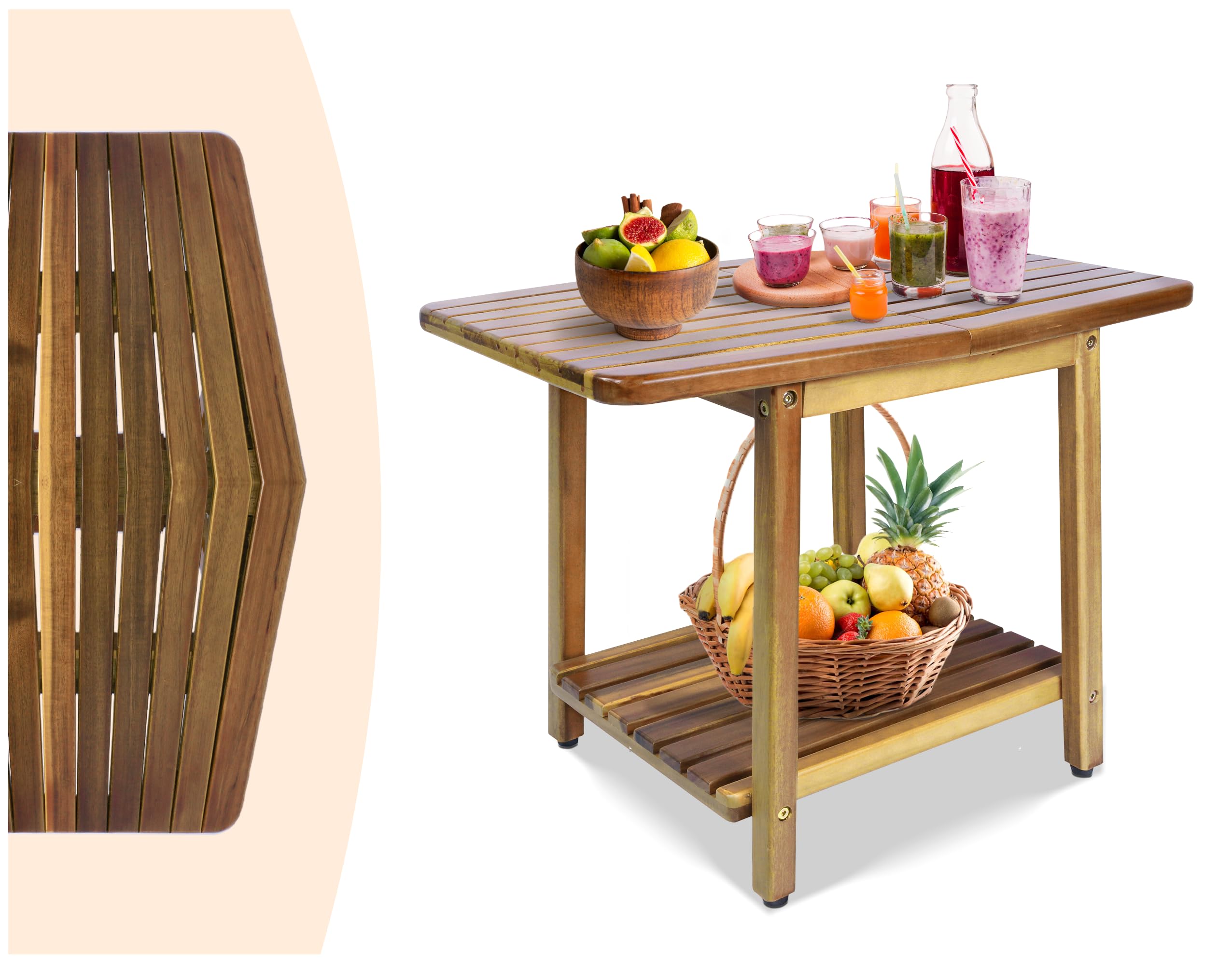 ENKEZI Acacia 24 Inches Outdoor Side Table, 2-Tier Sturdy Patio, End Table Weather Resistant, Strong Stability Side Table for Patio, Pool, Porch, Teak