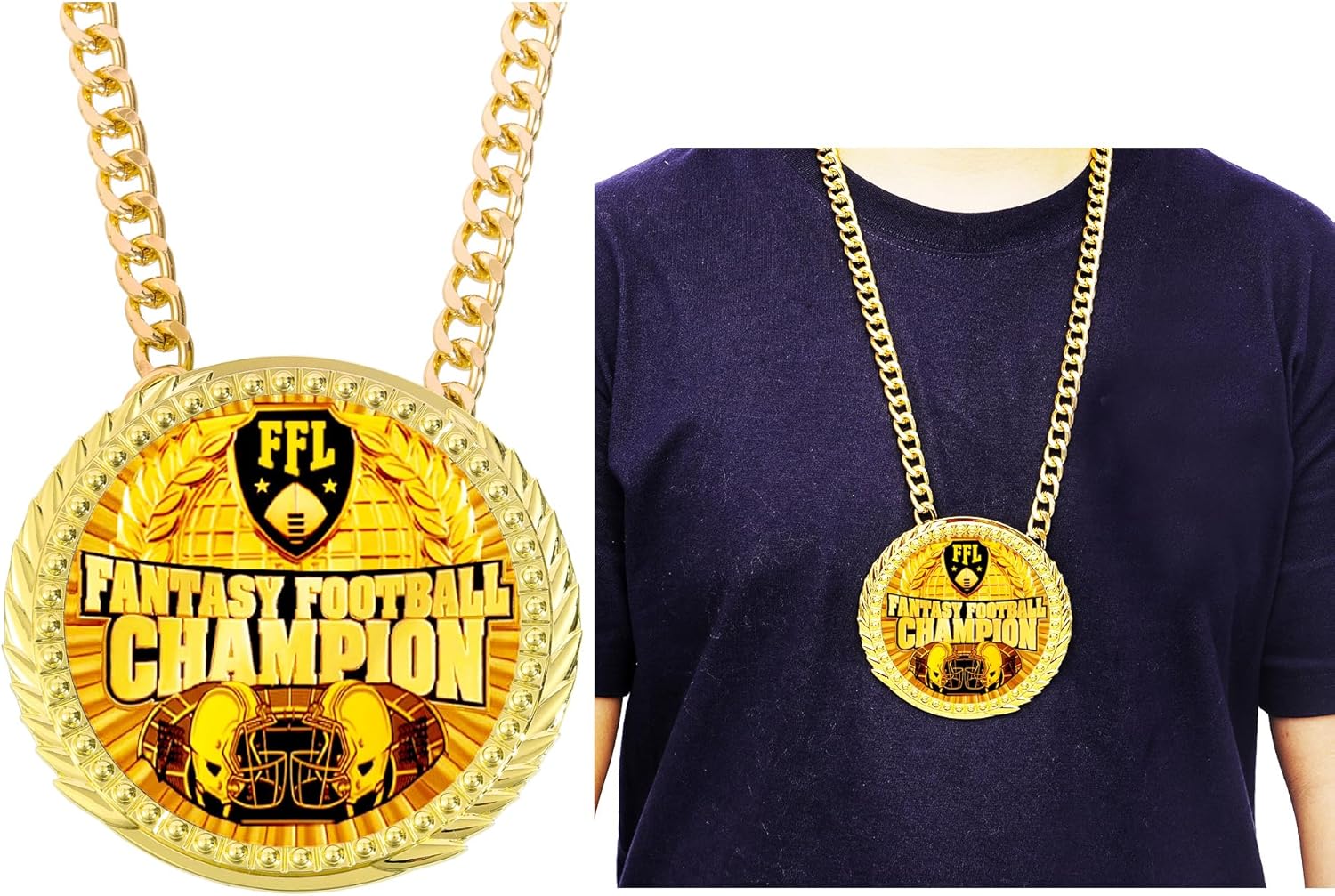 Fantasy Football Chain Medal Award Gift Metal MVP Chain Award Winner Prize Trophy Pendant Necklace For Winner Adults Player Team Football Soccer Baseball Basketball Softball (FFL GOLD medal)