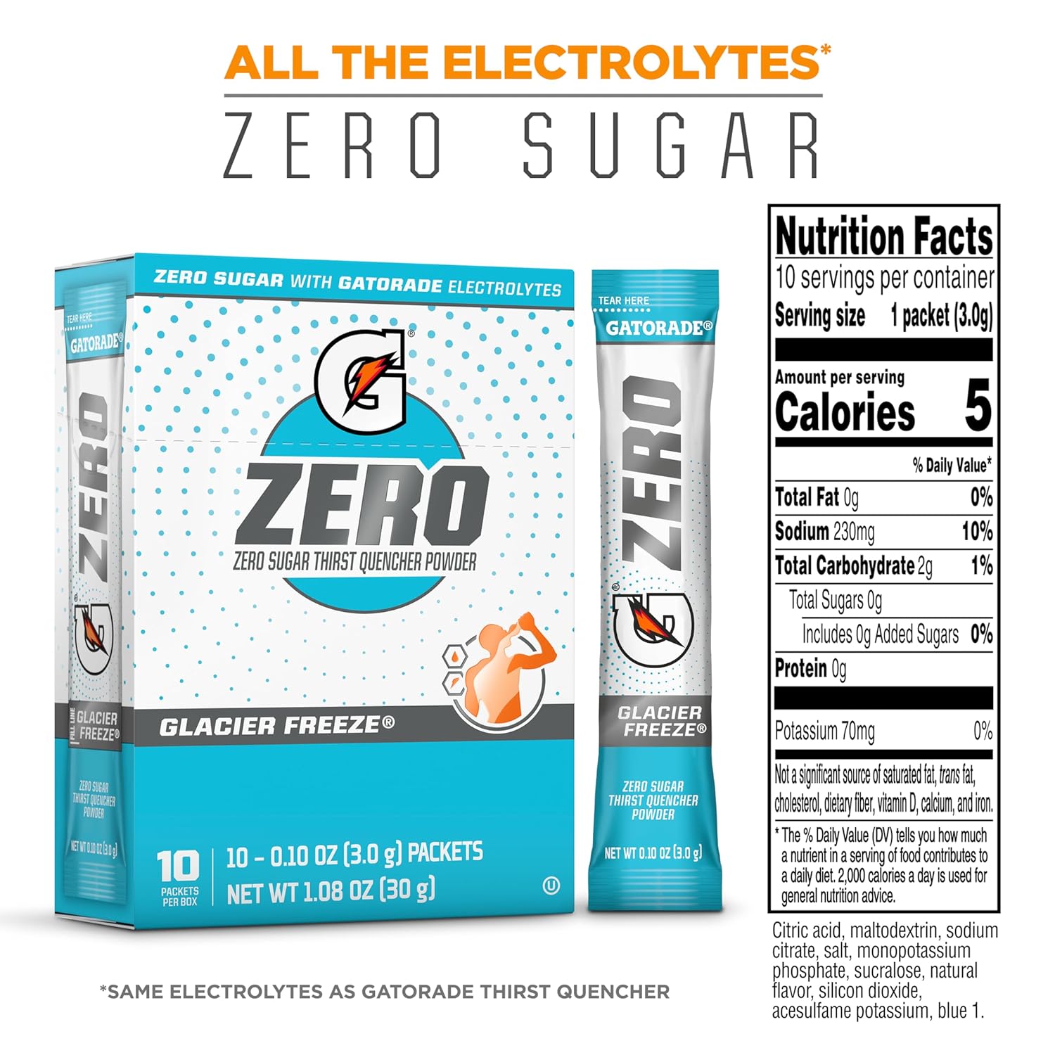 Gatorade G Zero Sports Drink Mix Powder Packets, Glacier Freeze, Electrolyte Powder Drink Mix for Hydration, Zero Sugar, Total 120 Packets - Image 2