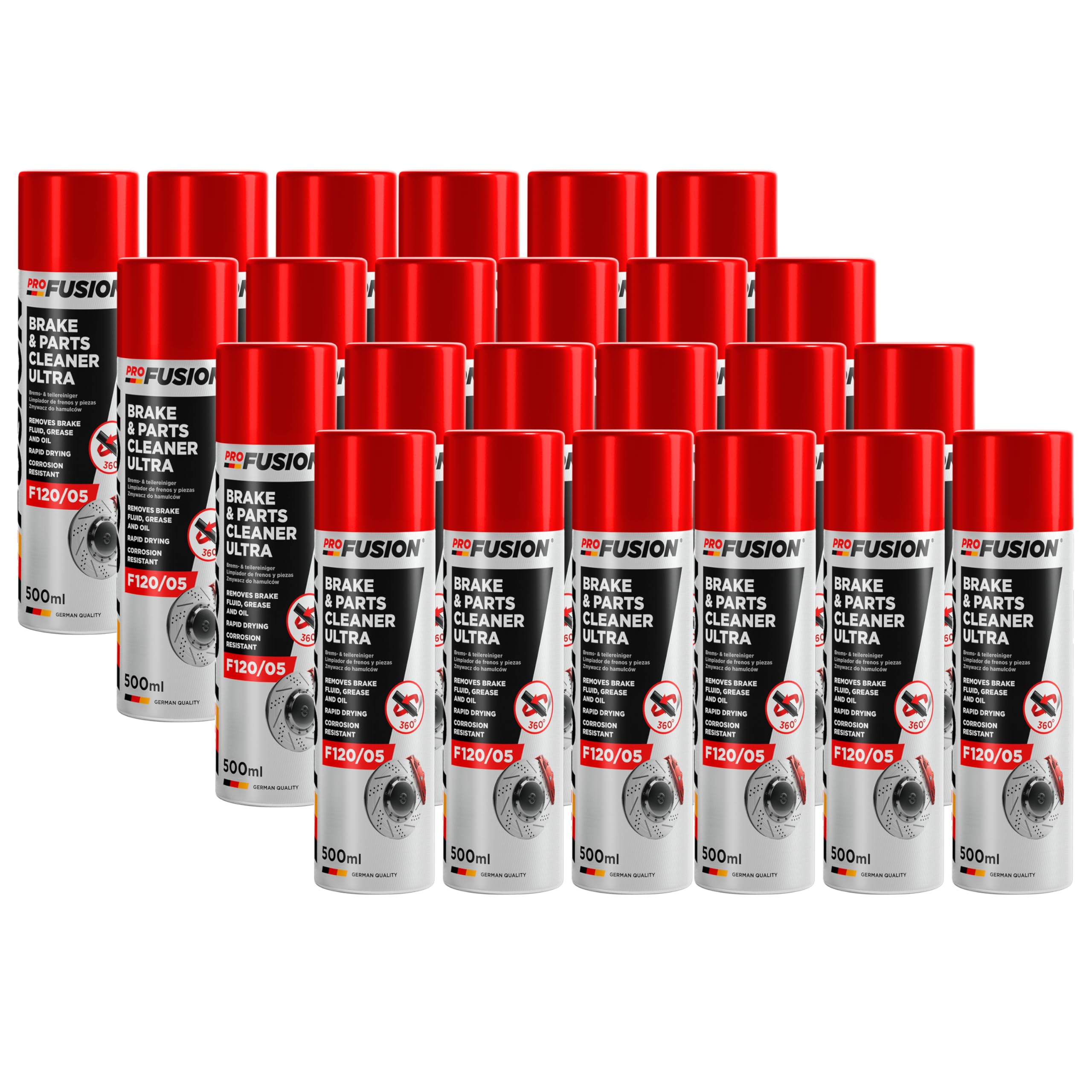 ProFusion Limpiador de Frenos y Embrague – Brake & Parts Cleaner Ultra 360º – Elimina Aceites, Grasas, Alquitrán y Pegamento – Pack de 24 x 500 ml