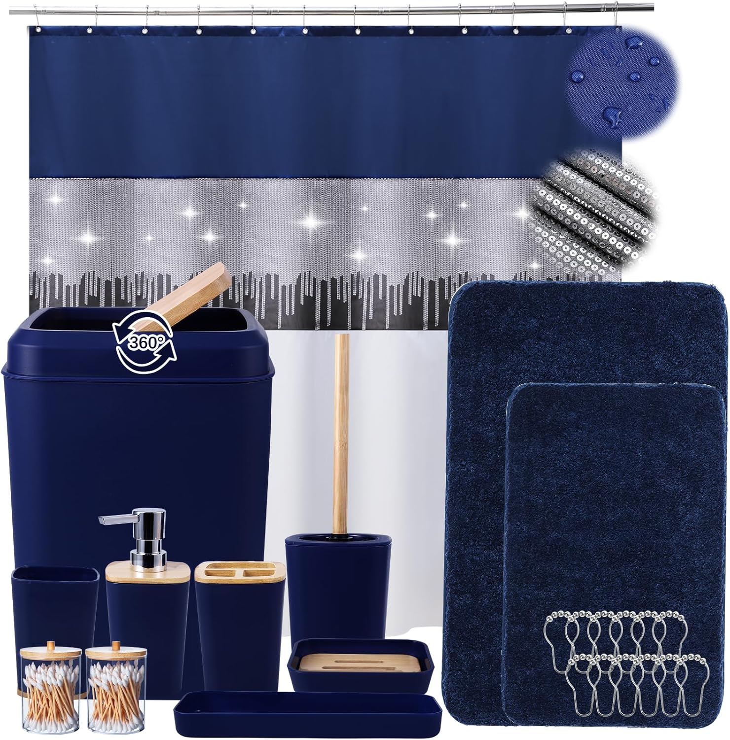 24PCS Bathroom Sets with Shower Curtain and Rugs, Navy Blue