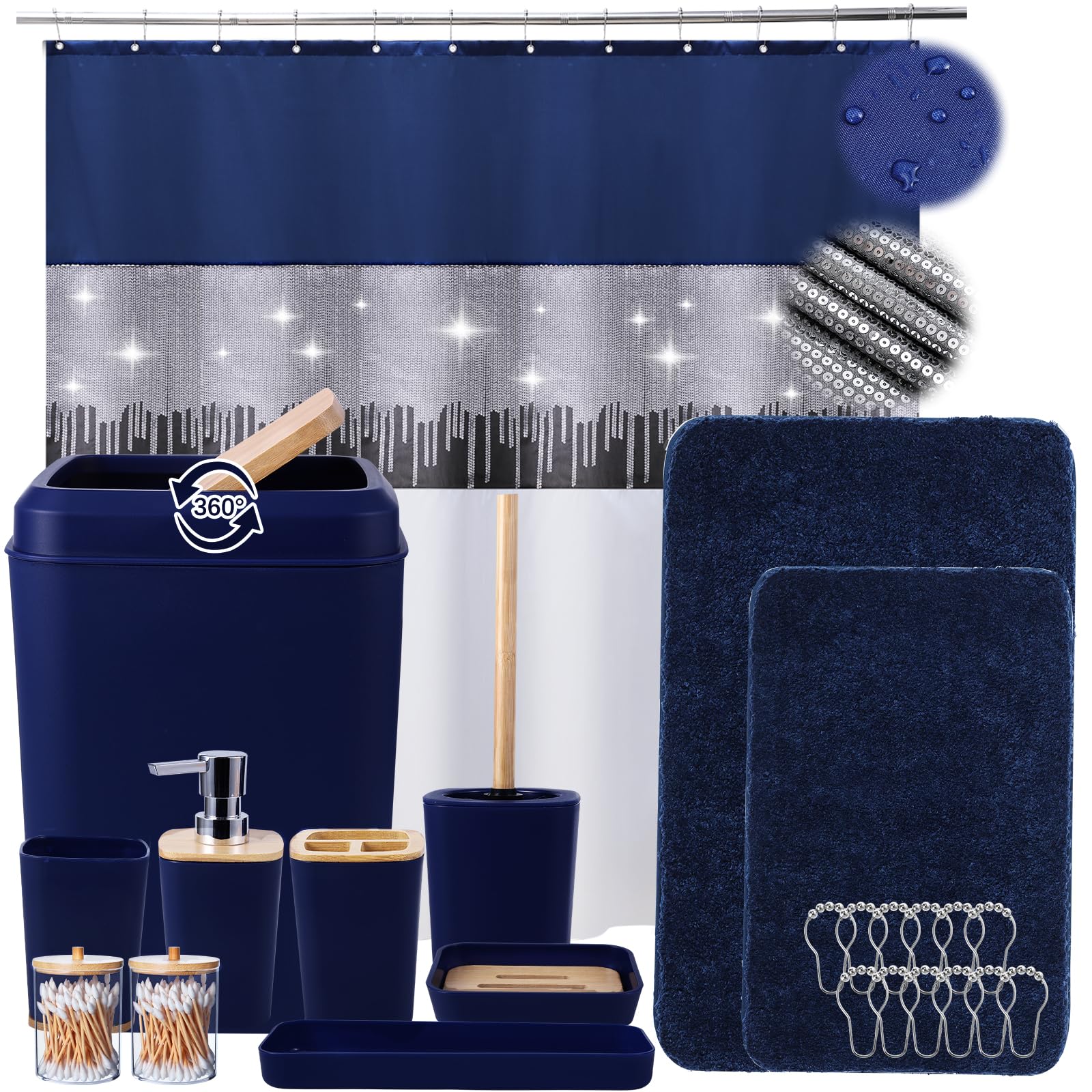 Amazon.com: 24PCS Bathroom Sets with Shower Curtain and Rugs, Navy Blue ...