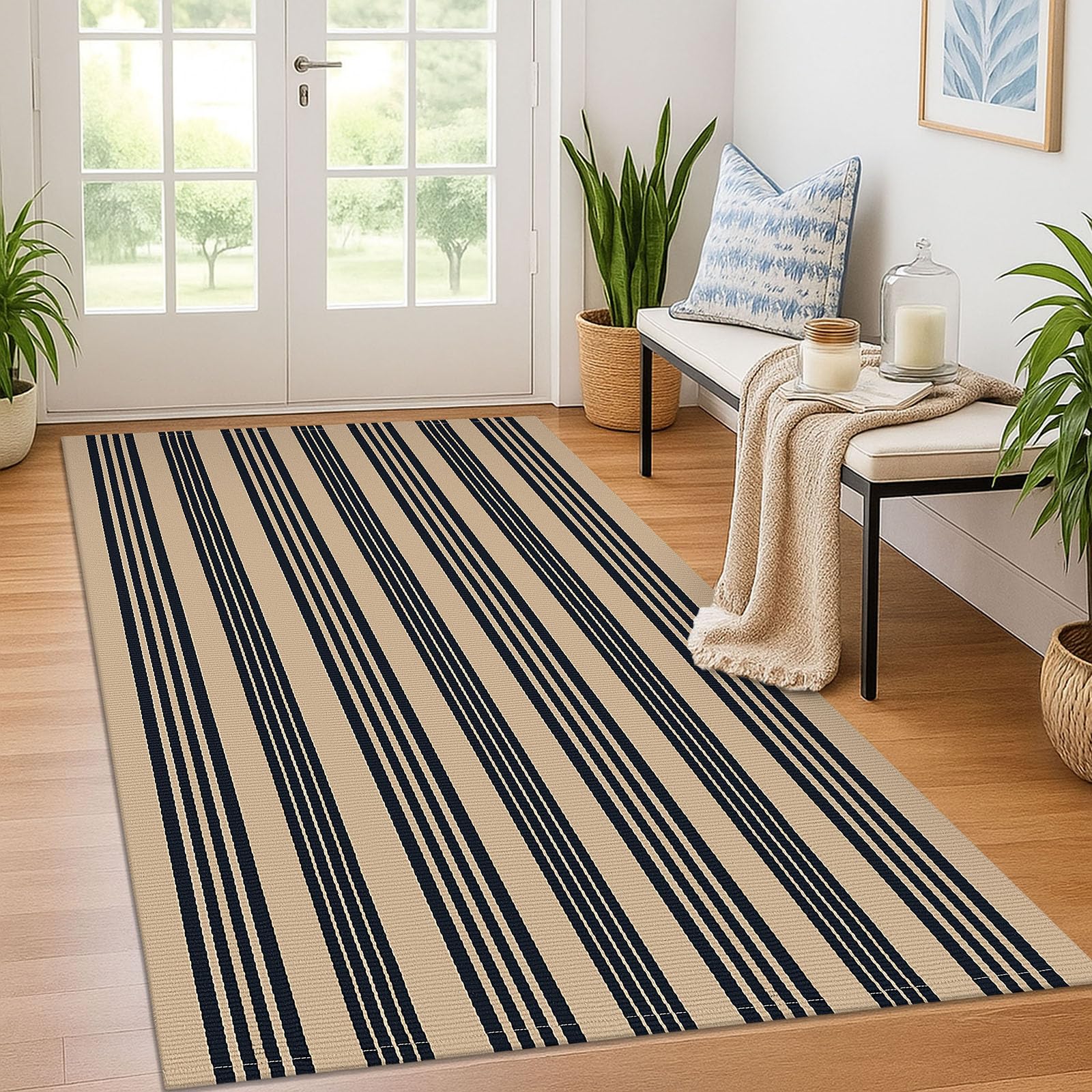 KOZYFLY Striped Front Door Mat 4x6 Ft Brown and Black Front Door Rug Cotton Washable Indoor Outdoor Rug Large Doormats Outdoor Striped Area Rugs for