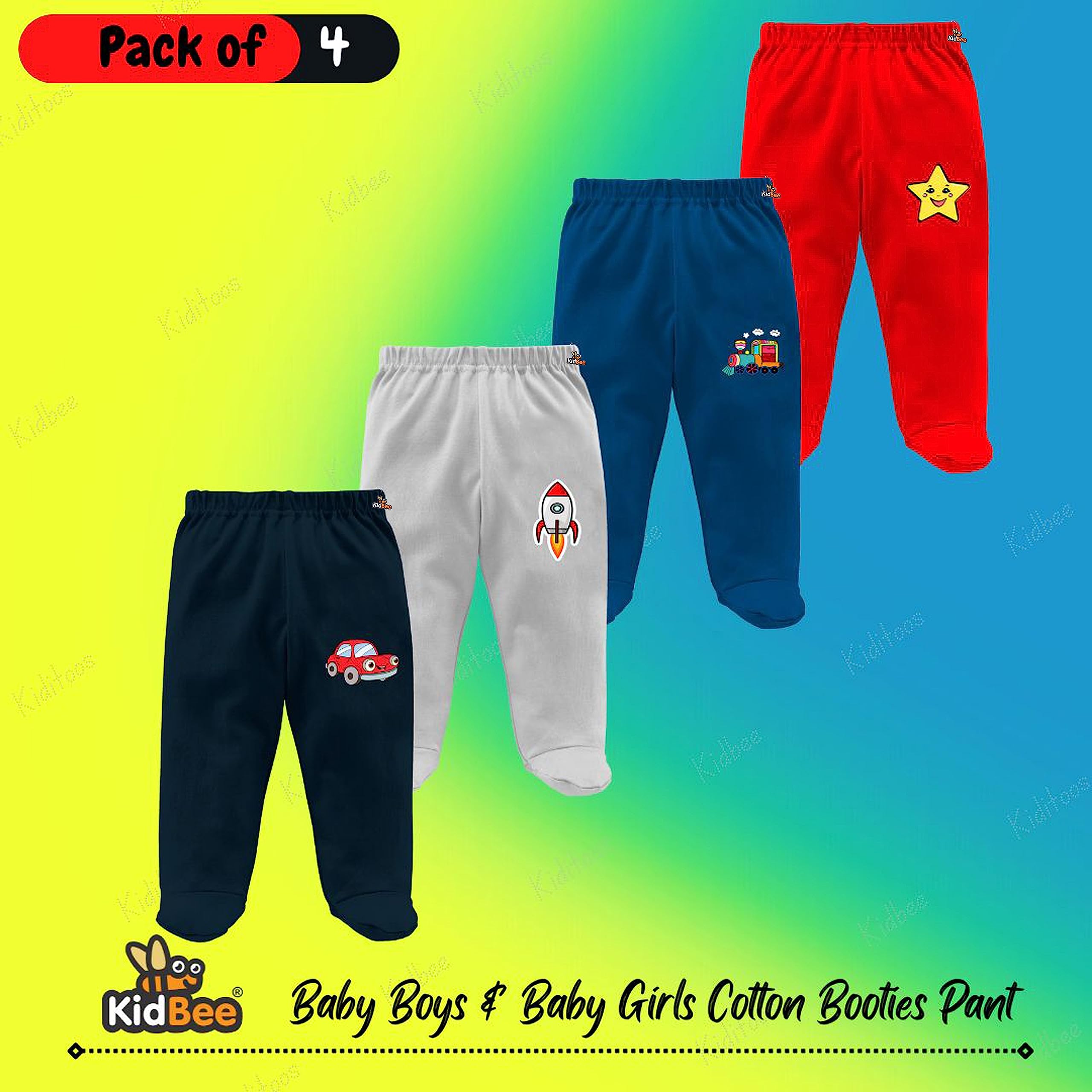 Kidbee Unisex-Baby Cotton Track High Rise Pant Set (4pc) - Booties/Socks Included - 0-3 Months, Regular Fit, Multicolor - Image 3 thumbnail
