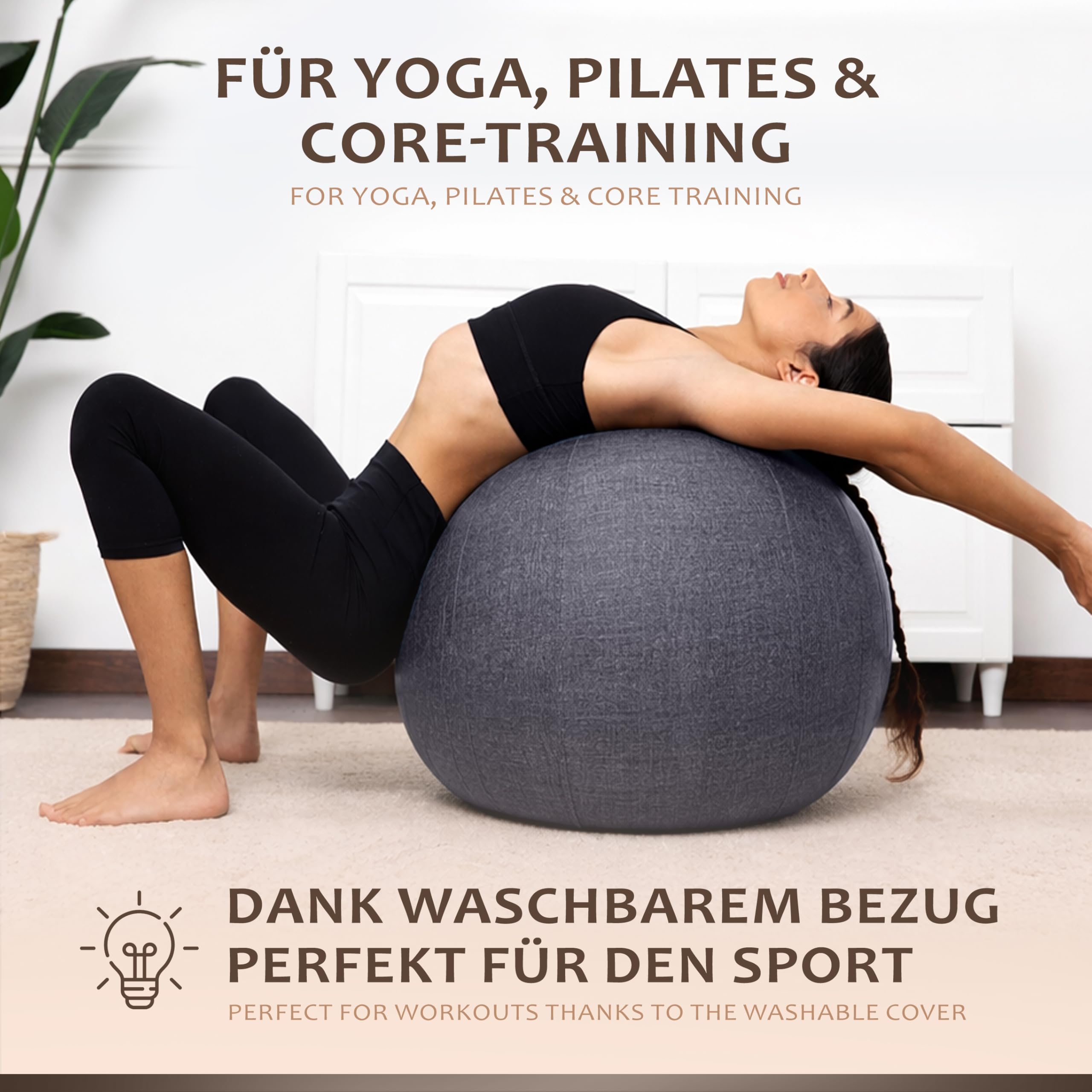 ONVAYA Pelota de gimnasia de 65 cm con funda – pelota de gimnasia con bomba – pelota de yoga antideslizante – pelota estable para sentarse ergonómicamente – Pelota de fitness de alta calidad y pelota