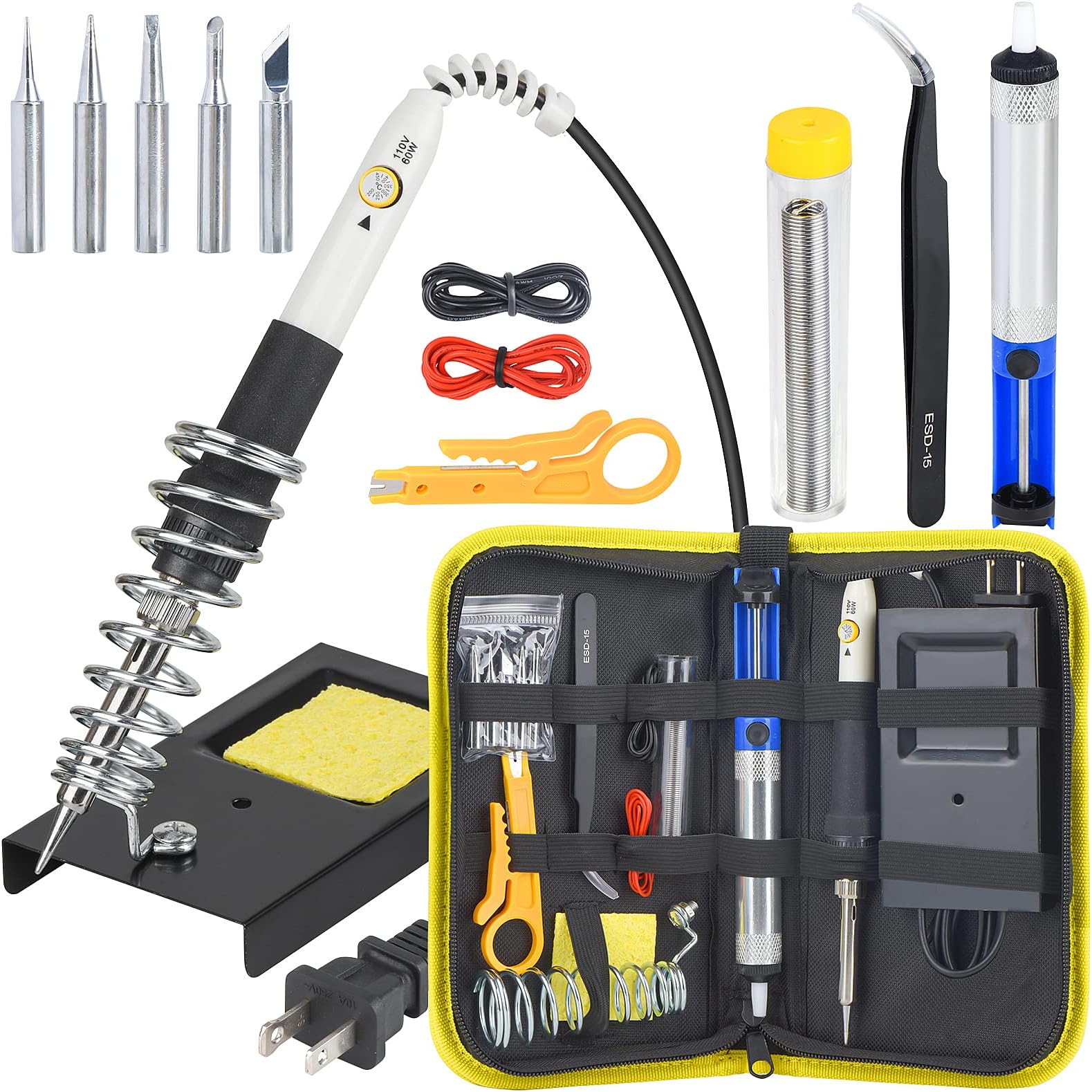 Soldering Iron Kit, 60W Adjustable Temperature Soldering Iron 14-in-1 110V for Electronic Solder 1xDesoldering Pump,1xSoldering Station,5xSoldering Tips,1xSolder Wire,Perfect for DIY Project