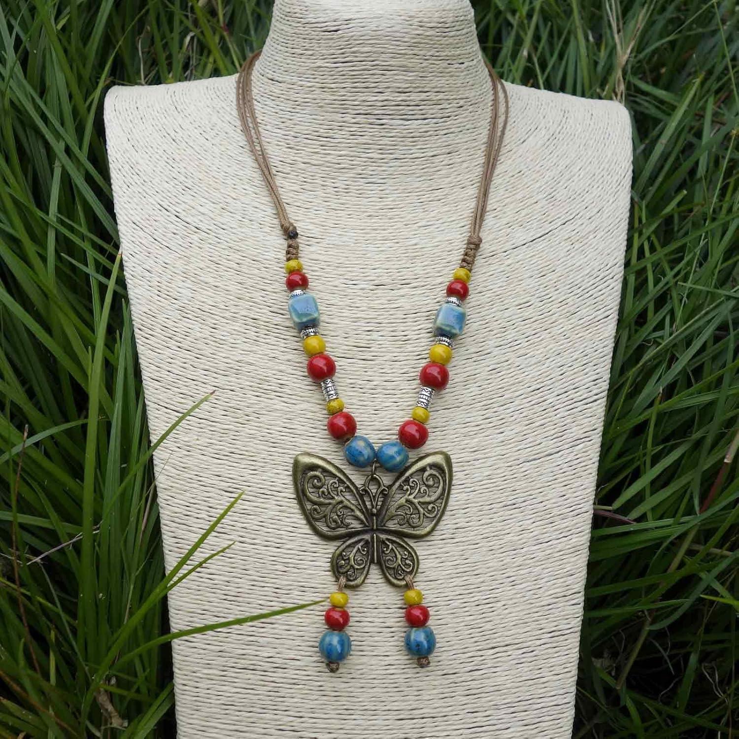 Boho Colorful Ceramic Bead Necklace for Women, Butterfly Pendant Necklace, Handmade Bohemian Statement Jewelry Gifts for Mom - Image 5