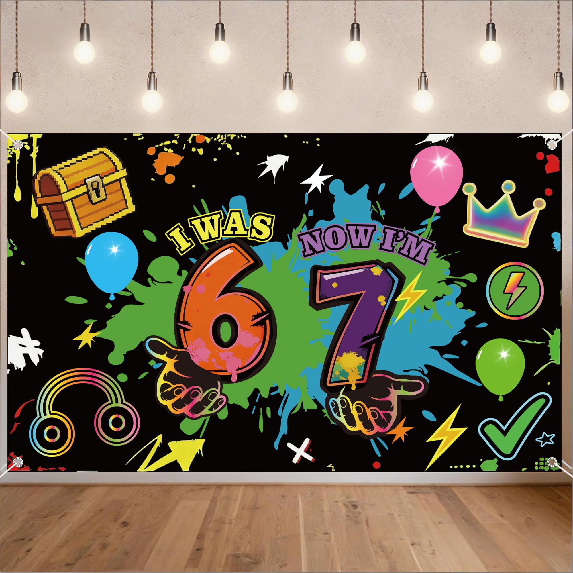 67 Birthday Decorations Banner Set - Colorful I was 6 Now I'm 7 Banners for 6 7 Birthday Balloon Treasure Chest Lightning Crown Headphones Theme Funny Six Seven Party Supplies (180 * 110cm)