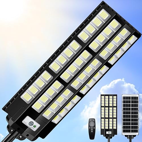 Luces solares de calle de 12000 W impermeables para exteriores, gran luz solar de estacionamiento del atardecer al amanecer con sensor de movimiento