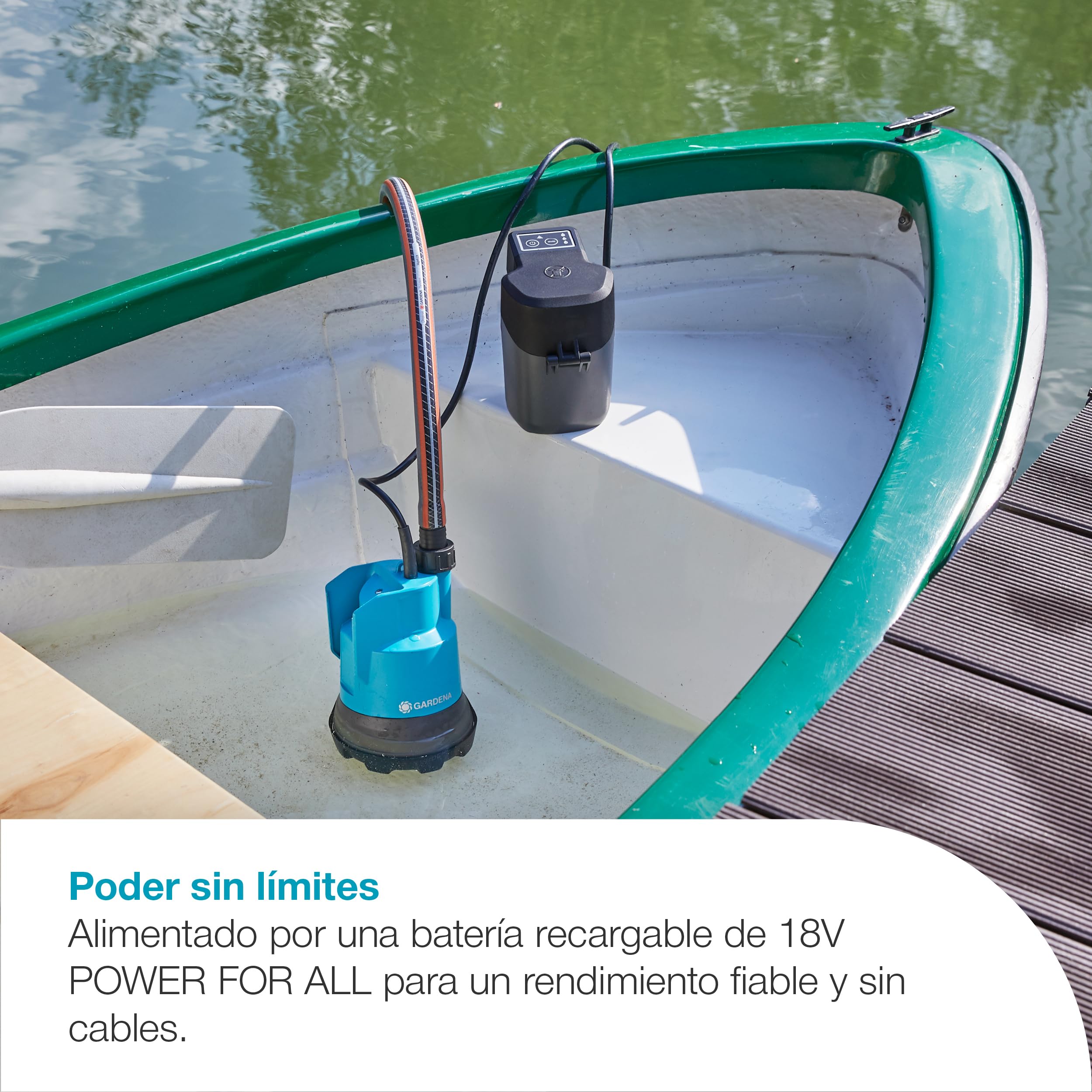 Gardena Bomba sumergible de agua limpia con batería 2000/2 18V P4A Set listo para usar: Alto caudal y presión, Niveles de potencia regulables, Filtro integrado (14600-20)