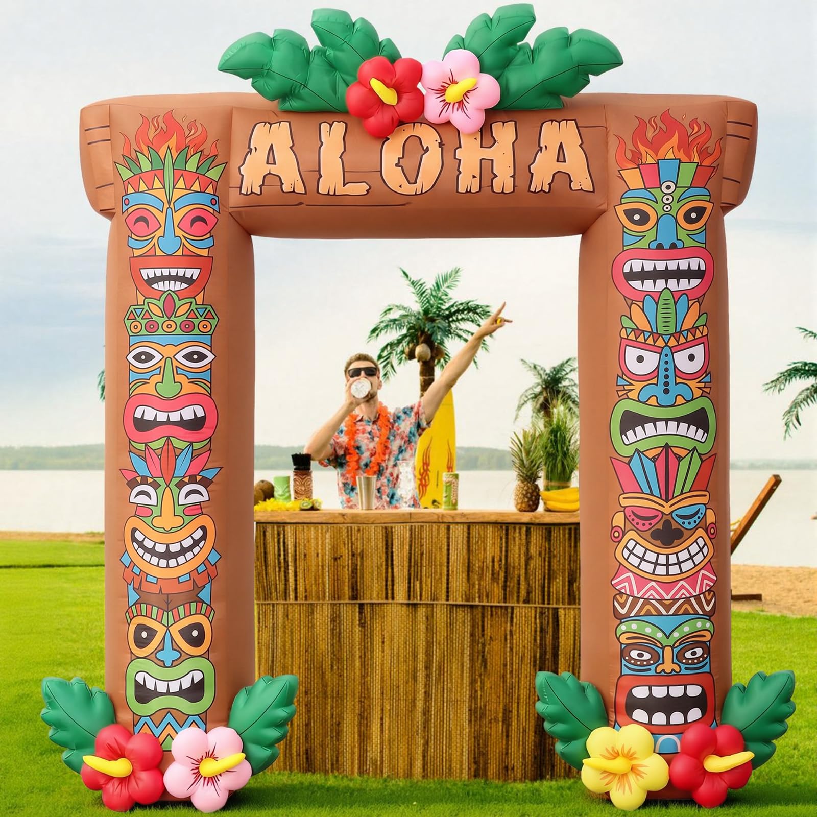 Sosation 3 m gonfiabile Tiki hawaiano Luau decorazioni per feste illuminate estive gonfiabili tropicali Aloha arco all'aperto grande esplosione Hawaii festa di compleanno decorazione per Luau Tiki bar