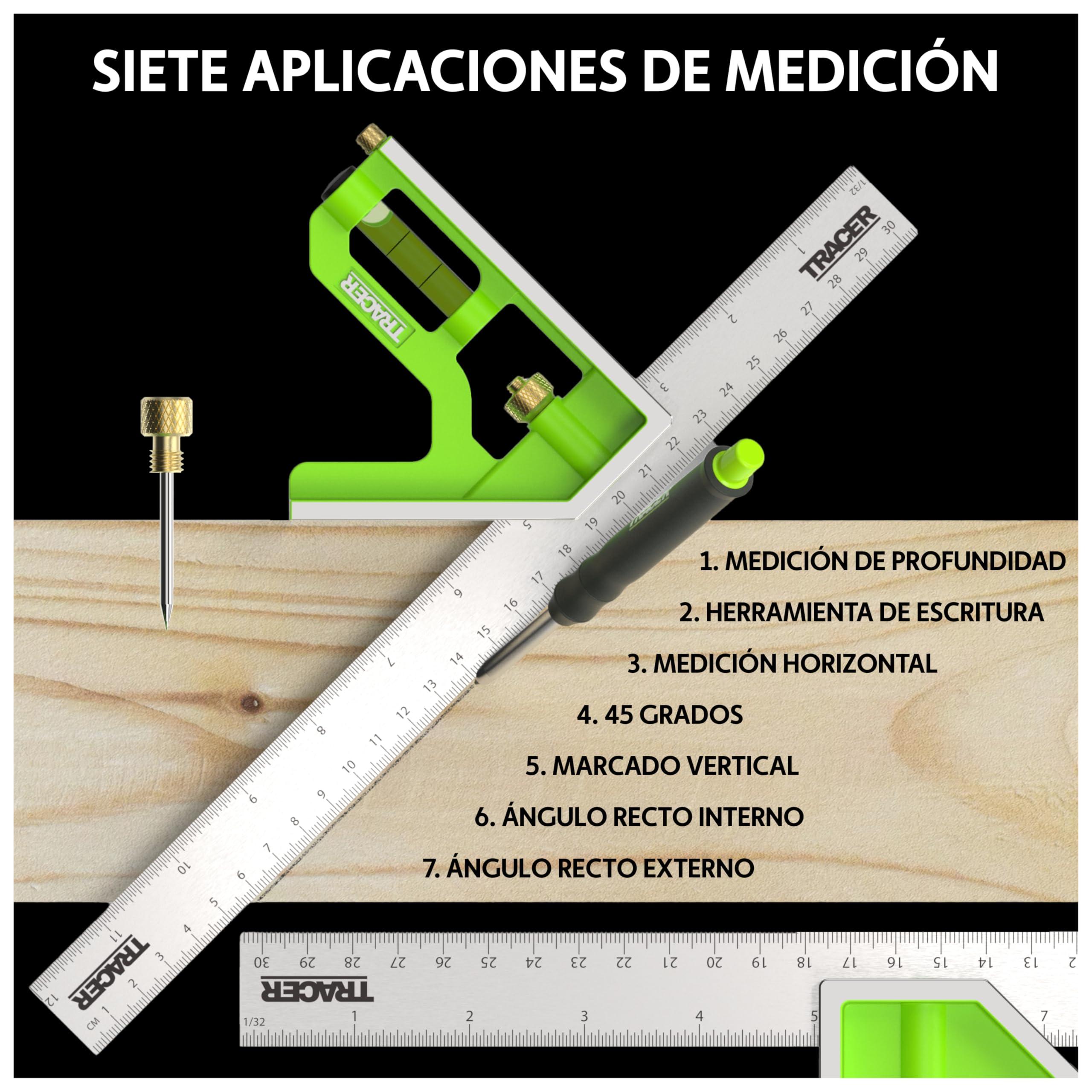 TRACER Combinación cuadrada de 300 mm. Herramienta de medición de 45/90 grados con nivel de burbuja integrado y herramienta de escritura. Escalas métricas e imperiales