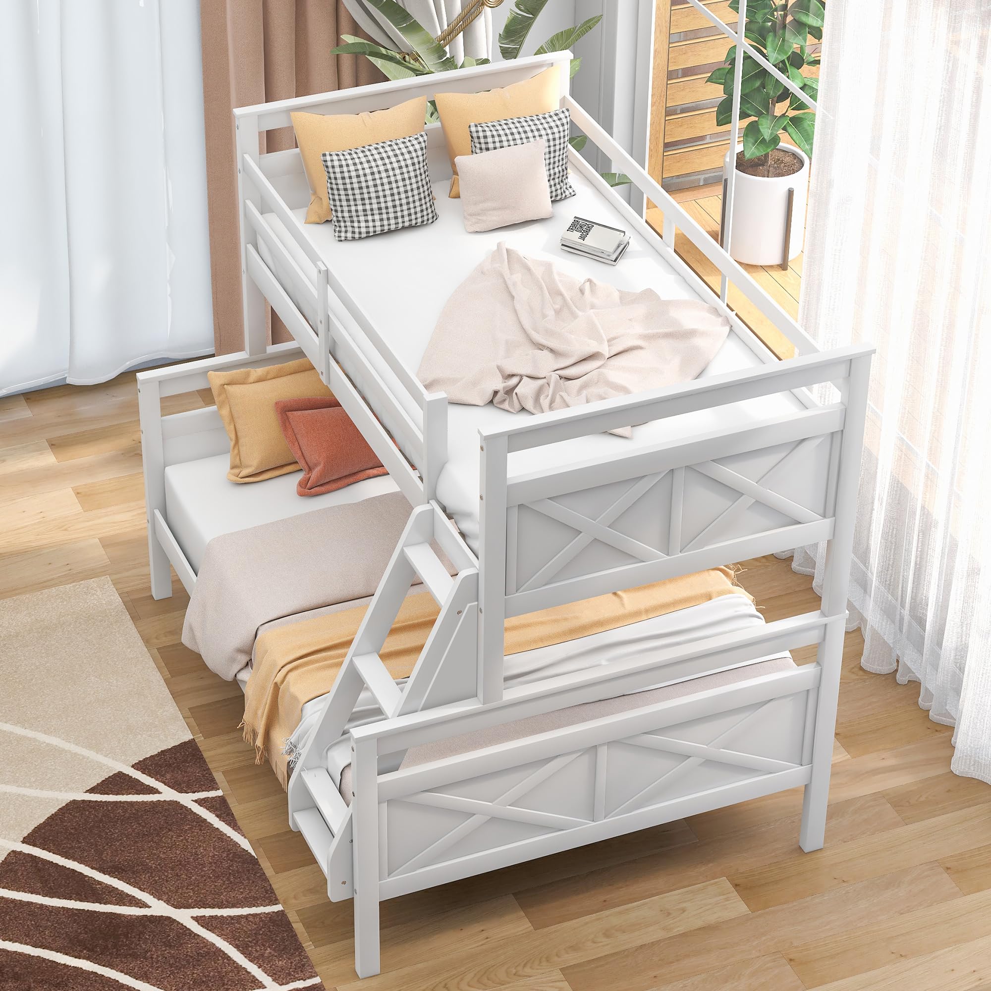 Polibi Twin-Over-Full Wooden Bunk Bed with Ladder and Safety Guardrail, Convertible into 2 Separated beds, White